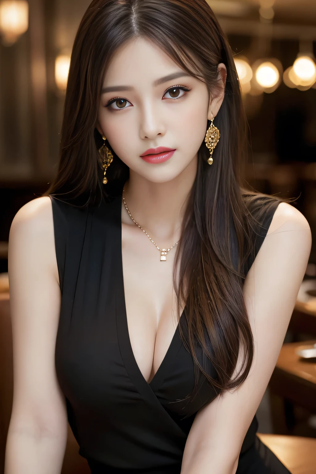 masterpiece, highest quality, Realistic, Very detailed, Finer details, High resolution, 8k wallpaper, One beautiful woman, Wear an elegant black see-through shirt, In a great restaurant, At night, Light brown messy hair, Perfect dynamic composition, Beautiful and beautiful eyes、Big earrings、Sleeveless shirt、