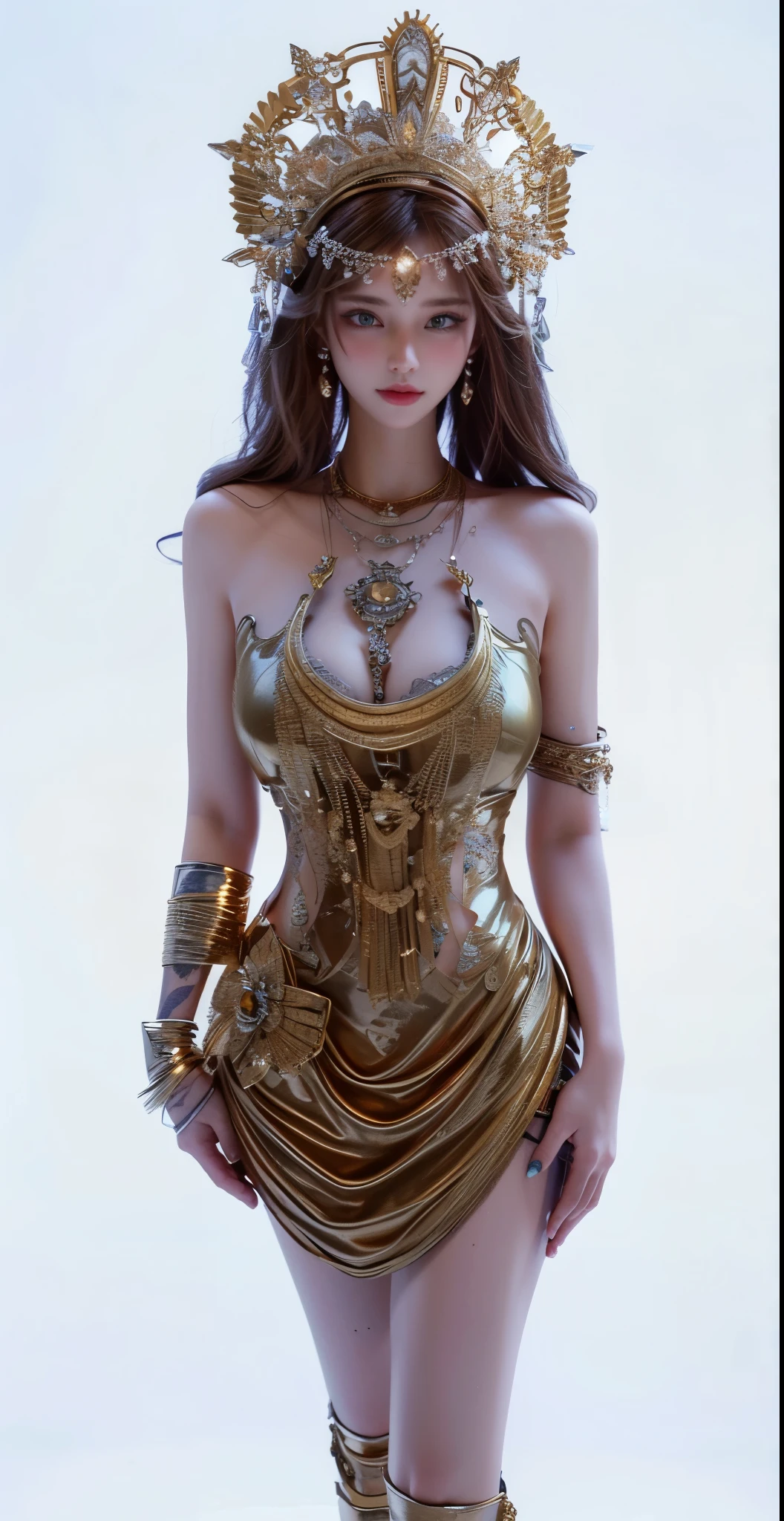 Game Art,Best image quality,Maximum resolution,8k,(A half-length photo),(portrait),(Head close-up),(Rule of Thirds),Unreal Engine 5 rendering works,20 year old girl,((Queen)),The eyes are very detailed,(Large Breasts),Elegant and noble,Light,Light线追踪,Game CG,((3D Unreal Engine)),OC rendering reflection mode,4K,Ultra-clear,Sensual,Translucent lace,Fair and plump figure,Pretty Face,Light泽凝胶涂层,身着华贵礼服的Queen,Crystal Gem Crown,Necklace jewelry,blue eyes,The tattoo is very three-dimensional,Gorgeous and intricate tattoo designs,Ultra-clear portrait,Sexy body,Temple Princess,Sapphire eyes,Gold Armor