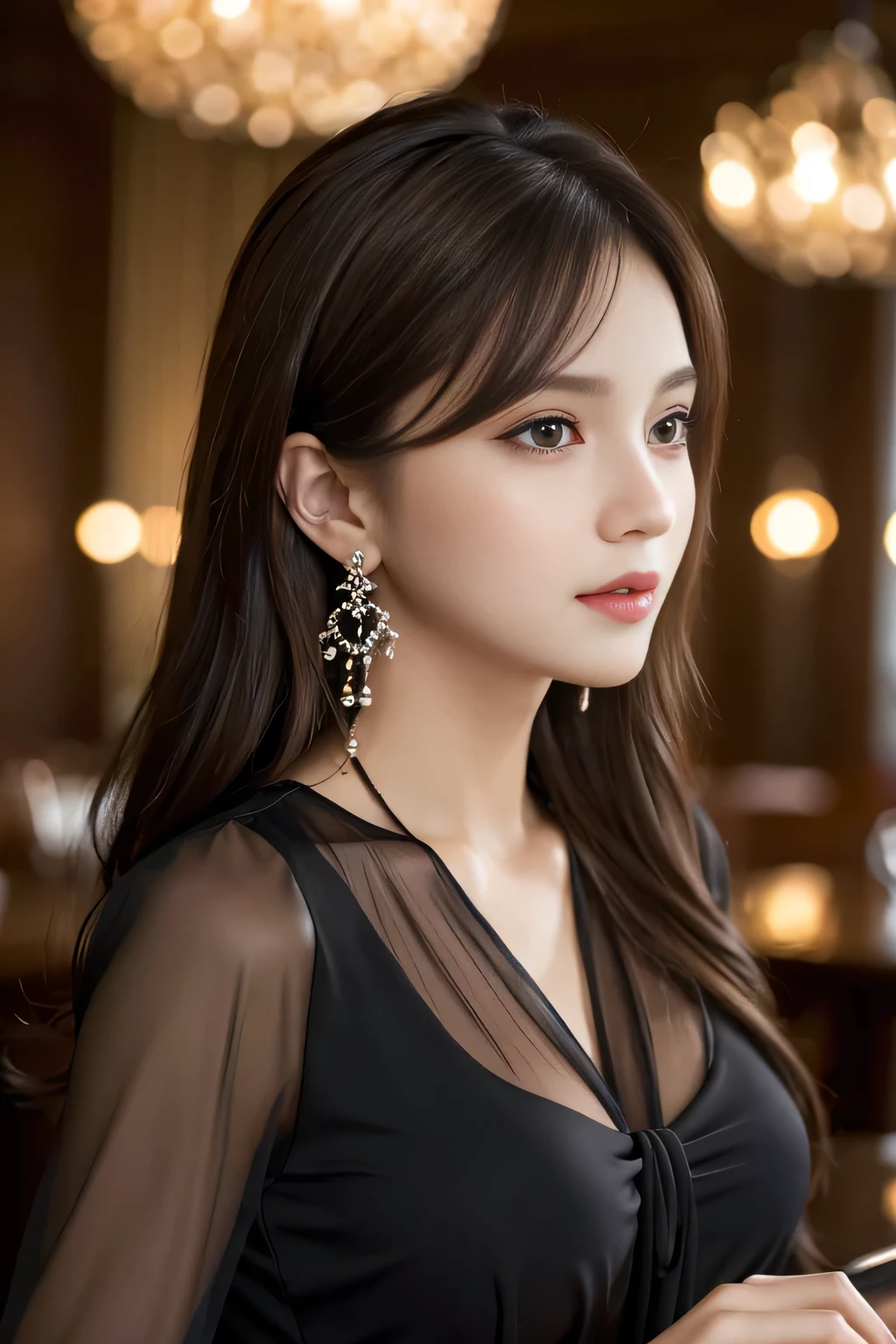 masterpiece, highest quality, Realistic, Very detailed, Finer details, High resolution, 8k wallpaper, One beautiful woman, Wear an elegant black see-through blouse, In a great restaurant, At night, Light brown messy hair, Perfect dynamic composition, Beautiful and beautiful eyes、Big earrings