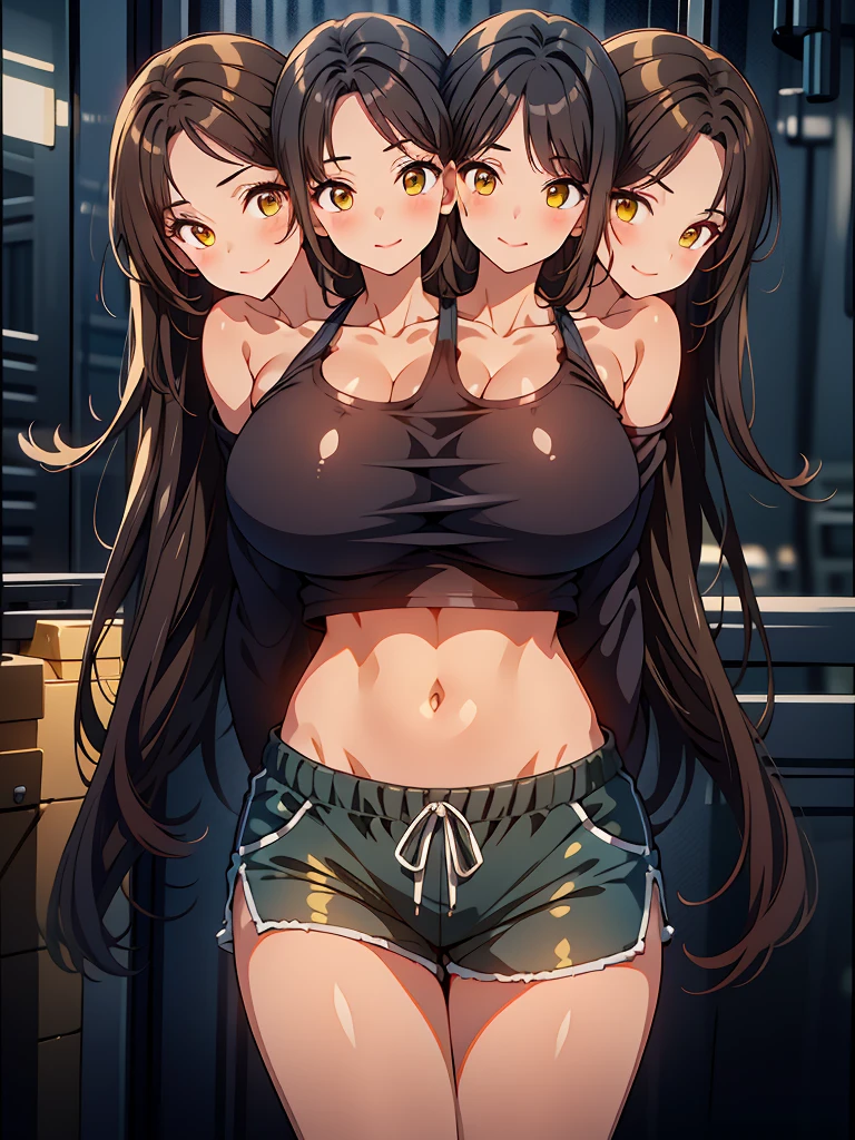 best quality, (masterpiece),(ultra-detailed), (high quality), (high resolution), ((2heads:1.5)), best quality:1.5, highres, UHD, 16K), smiling, highres, masterpiece, ((brown hair)), ((black hair)), ((different hair colors)), (long hair), blushing, ((cinematic particles)), dark blue shorts, cowboy shot, ((black crop top)), exposed midriff, huge , very big m, sharp looking eyes, yellow eyes