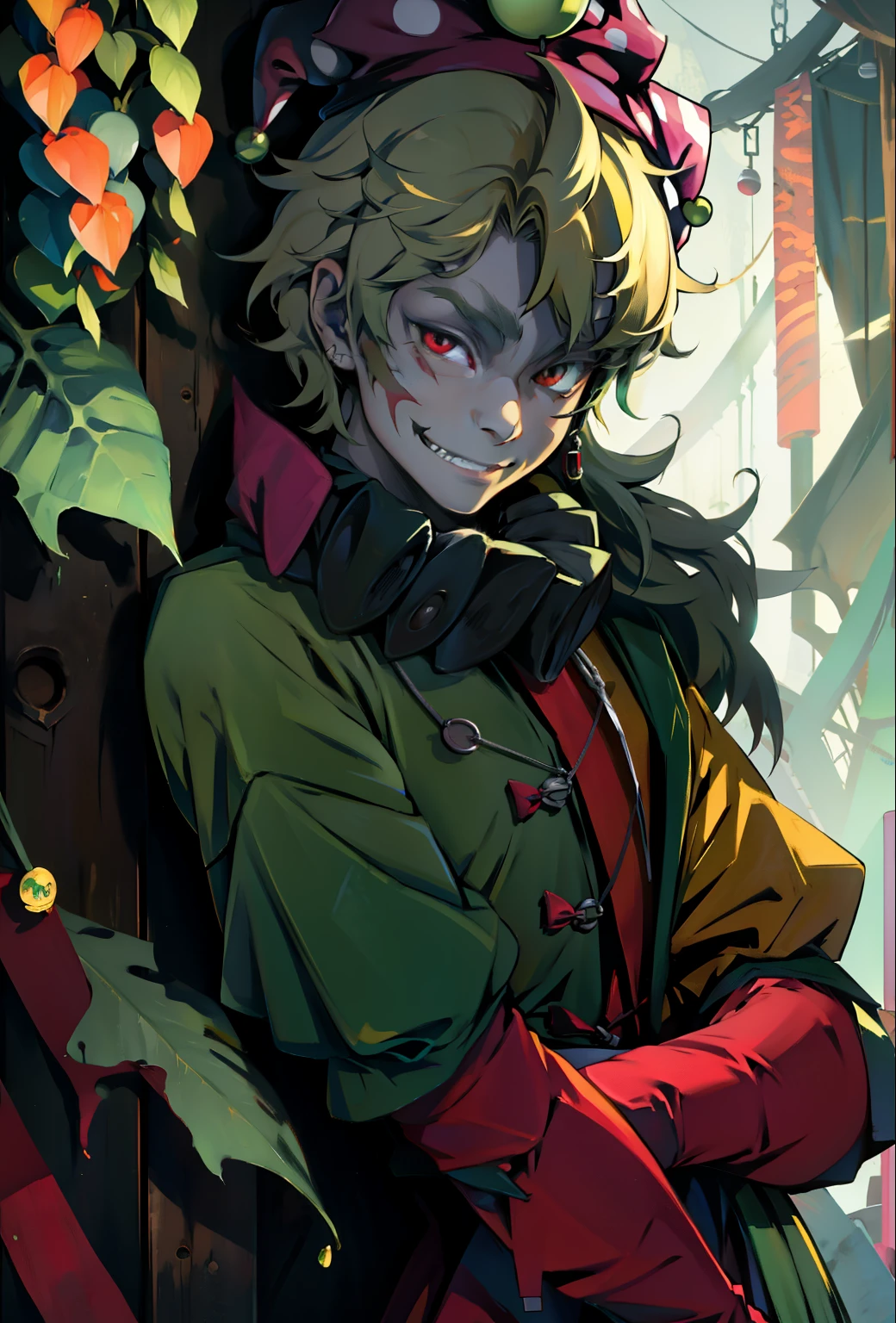 anime style, man character, jester, green jester outfit, clown, painted face, macabre smile, red boots, mysterious, the night, perfect face, well-defined face, detailed face