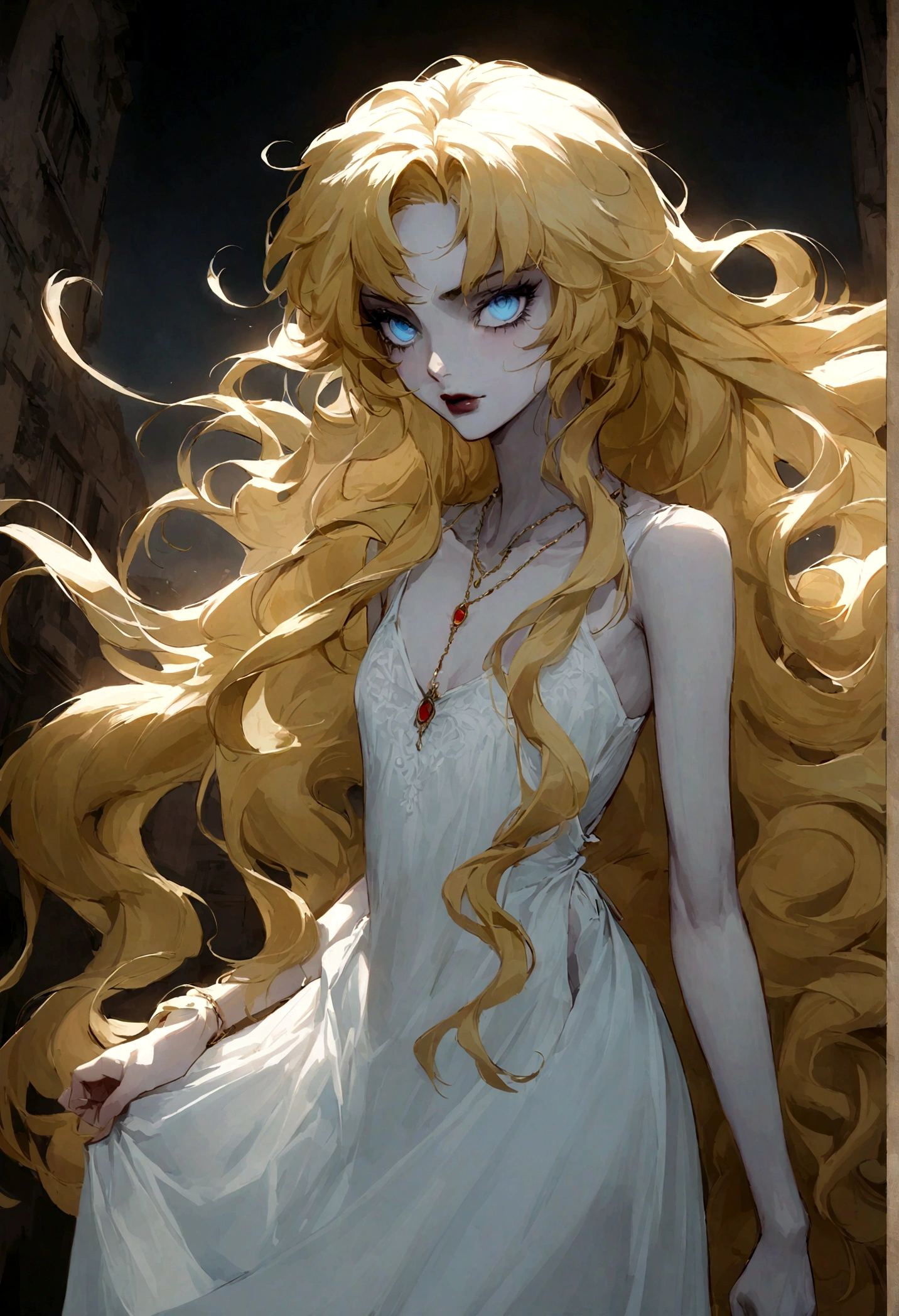 papel de parede 8k extremamente detalhado, Tema escuro, Vampire the Masquerade, Horror moderno, classic antiquity, homem adolescente, femboy shape, delicate boy, very pale skin, very skinny, white greek clothing, wearing multiple necklaces, holding swords, fotografia premiada, rosto centrado, Roger Garth face, foto de meio corpo:1.1, blonde hair, very long hair, wavy hair, floating hair, light-blue eyes, seductive expression, lighting dramatic