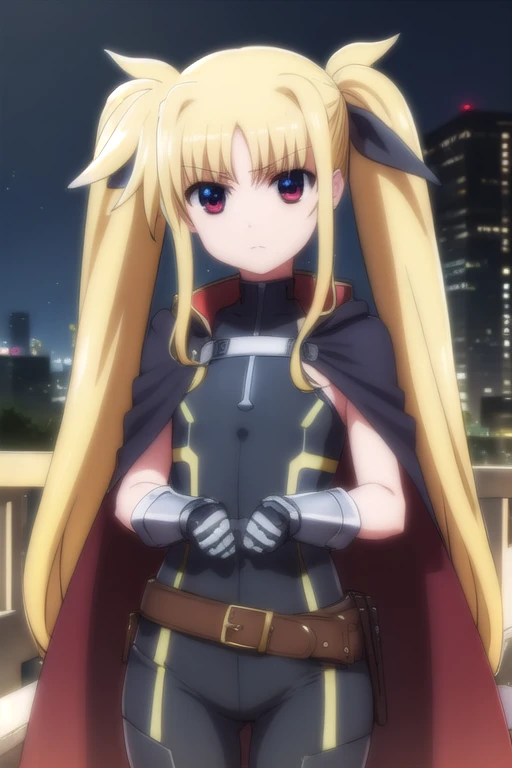 fatetestarossa, fate testarossa, long hair, blonde hair, (red eyes:1.3), twintails, hair ribbon,
BREAK gloves, belt, cape, bodysuit, magical girl, gauntlets,
BREAK outdoors, city, night, starry sky,
BREAK looking at viewer, (cowboy shot:1.5),
BREAK (masterpiece:1.2), best quality, high resolution, unity 8k wallpaper, (illustration:0.8), (beautiful detailed eyes:1.6), extremely detailed face, perfect lighting, extremely detailed CG, (perfect hands, perfect anatomy),