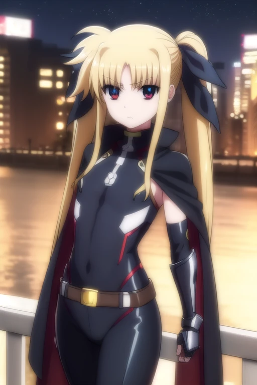 fatetestarossa, fate testarossa, long hair, blonde hair, (red eyes:1.3), twintails, hair ribbon,
BREAK gloves, belt, cape, bodysuit, magical girl, gauntlets,
BREAK outdoors, city, night, starry sky,
BREAK looking at viewer, (cowboy shot:1.5),
BREAK (masterpiece:1.2), best quality, high resolution, unity 8k wallpaper, (illustration:0.8), (beautiful detailed eyes:1.6), extremely detailed face, perfect lighting, extremely detailed CG, (perfect hands, perfect anatomy),