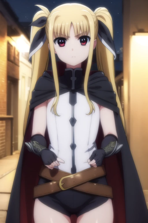 fatetestarossa, fate testarossa, long hair, blonde hair, (red eyes:1.3), twintails, hair ribbon,
BREAK gloves, belt, cape, bodysuit, magical girl, gauntlets,
BREAK outdoors, city, night, starry sky,
BREAK looking at viewer, (cowboy shot:1.5),
BREAK (masterpiece:1.2), best quality, high resolution, unity 8k wallpaper, (illustration:0.8), (beautiful detailed eyes:1.6), extremely detailed face, perfect lighting, extremely detailed CG, (perfect hands, perfect anatomy),