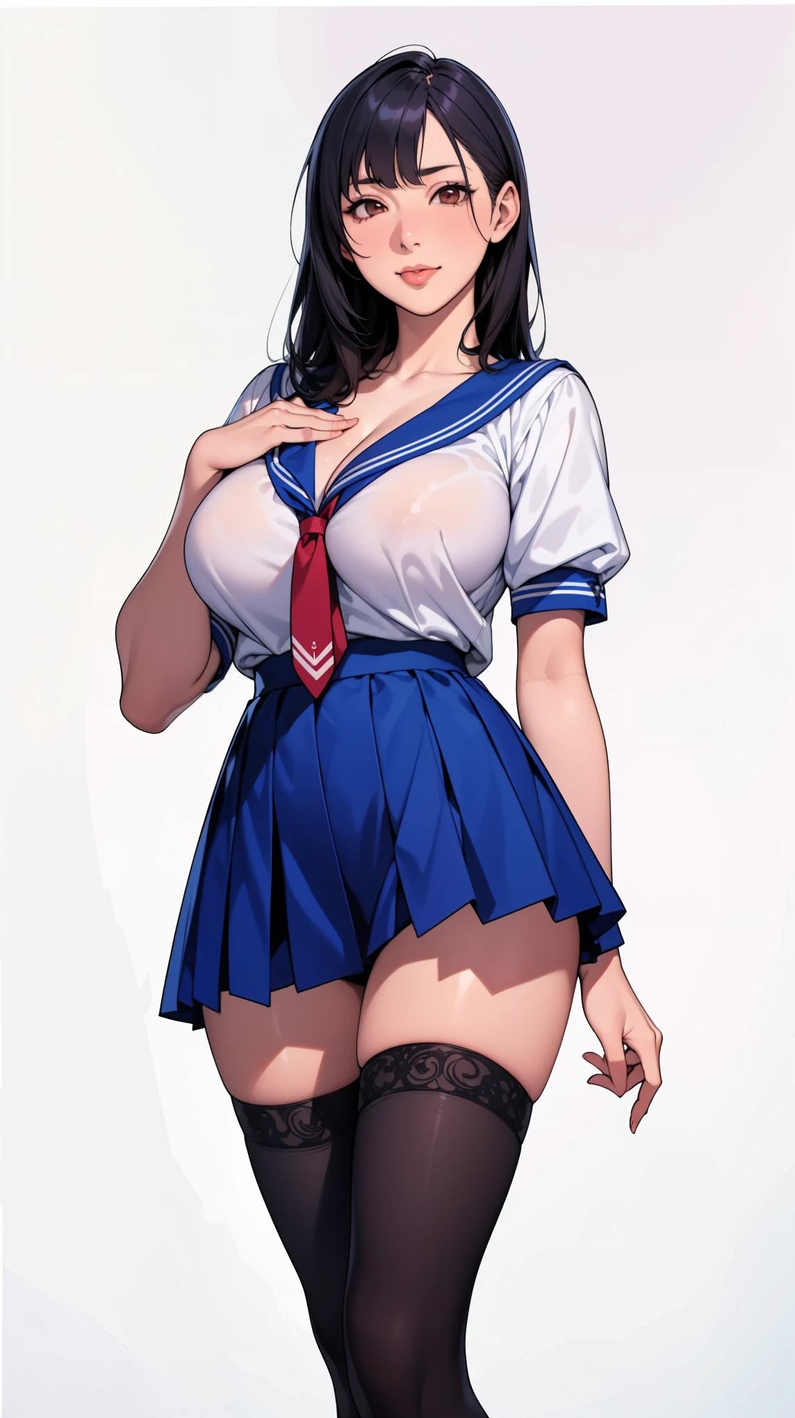 Simple white background, ahegao, (tongue), serafuku,red necktie,clavicle, cleavage, (Bare_Neck:1.5), large knee up, thick thigh, black thighhighs, Short sleeves, Navy blue and white shirt ,Puffy sleeves,a sailor suit,blue sailor collar, Blue skirt, Black hair, Blunt bangs,Long hair,Brown eyes, 1 girl, 20yr old,infp young woman,Beautiful Finger,Beautiful long legs,Beautiful body, Beautiful nose,Beautiful character design, Perfect eyes, Perfect face,Expressive eyes,Perfect balance, Looking at Viewer,(Focus on her face),Closed mouth, (Innocent_Big_Eyes:1.0),(light_Smile:0.3), Official art,Highly detailed CG Unity 8K wallpaper, Perfect Lighting,Colorful, Bright_front_Face_Lighting,White skin, (masutepiece:1.0),(best_quality:1.0), 超A high resolution,4K,Ultra-detailed, Photography, 8K, nffsw, hight resolution, absurderes:1.2, Kodak Portra 400, Film grain, Blurry background, Bokeh:1.2, Lens Flare, (Vibrant_Color:1.2),professional photograpy, (Beautiful,Large_breasts:1.4), (Beautiful_Face:1.5),(narrow_waist), leg skin,