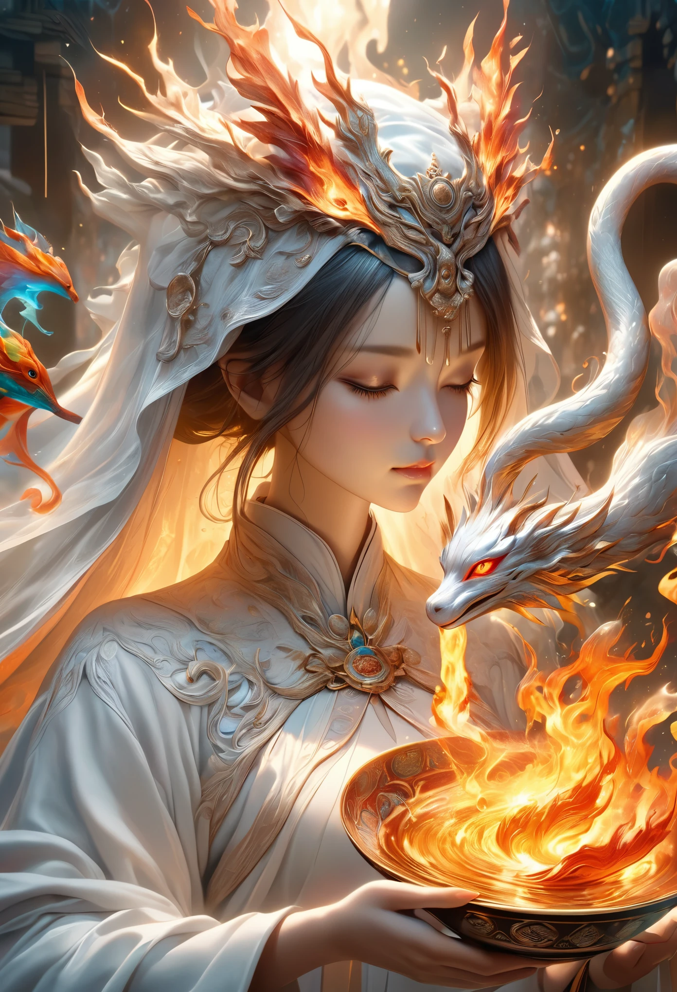 a girl wearing a white robe holding a bowl of food, mystical chinese mythology, half body portrait, veil covering eyes, holy fire magic, water, fantasy creature, dreamlike, surreal fantasy art style, (best quality,4k,8k,highres,masterpiece:1.2),ultra-detailed,(realistic,photorealistic,photo-realistic:1.37),intricate details, ornate patterns, rich colors, dramatic lighting, cinematic composition