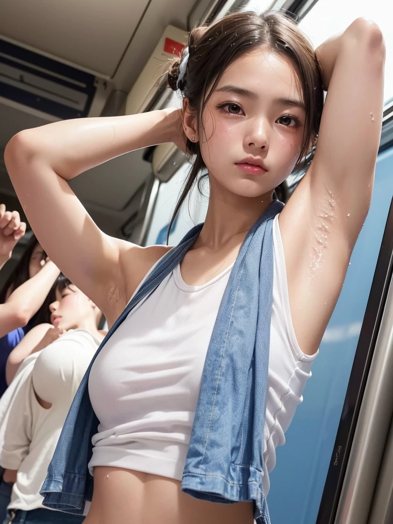 (best quality:1.2), masterpiece, Realistic, (Photo of a beautiful Japanese idol  woman:1.2), (Gaunt:1.3), (((Very flat chest:1.4))), ((Baby Face)), a sleeveless shirt), ((Show your sweaty armpits))), More about super smelly armpits, ((There are a lot of wrinkles under the armpits:1.4)), She has skin that sweats easily, ((Armpits are wet and shiny with sweat)), ((Upper Body)), Hold on to the railing of a train, Show your armpits, (Inside the train:1.3), (Crowded train:1.3)