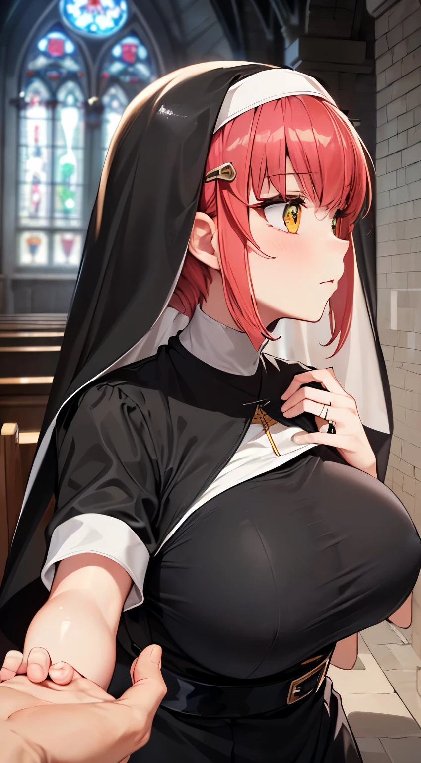 (Married woman:1.5), (Elegant:1.3), Annadef, 1girl, solo, multicolored hair, two-tone hair, hair ornament, yellow eyes, short hair, pink hair, red hair, orange hair,(Big eyes:1.2), (droopy eyes:1.4), (nun:1.4), (shiny skin:1.5), (exquisite female body:1.5), (well-shaped big breasts:1.3), (black head veil:1.4), (black scapular:1.3), (black tunic:1.3), (looking away:1.3), (profile:1.3), (skindentation:1.4), (church:1.3), (pov:1.5), (close up:1.3), (View from below:1.3), (High resolution:1.2), (highest quality:1.2), (8K:1.2),blush