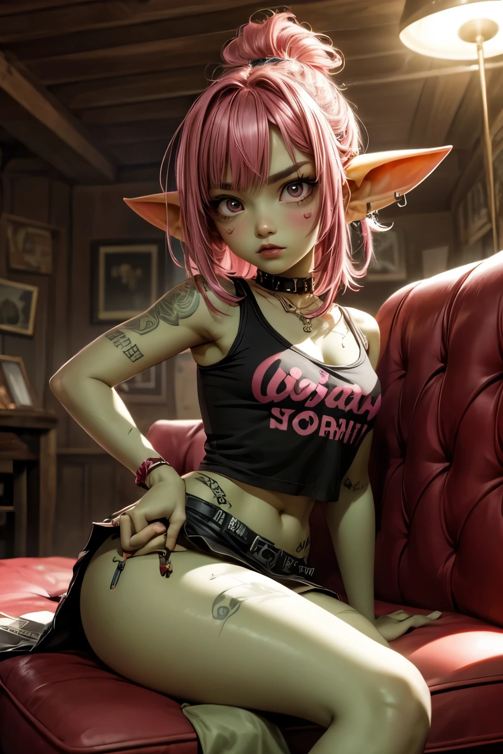 absurd resolution, ((best quality)), ((masterpiece)), (very detailed), 4k, goblin girl, bottomless, hardcore punk rocker, pink hair, cropped shirt, red punk skirt, pink eye makeup, ripped fishnets, green skin, small pointy ears, nose piercing, lounging on a dirty couch backstage at a punk club, pink guitar nearby, looking at viewing, smoking cigarette, dirty room, stained