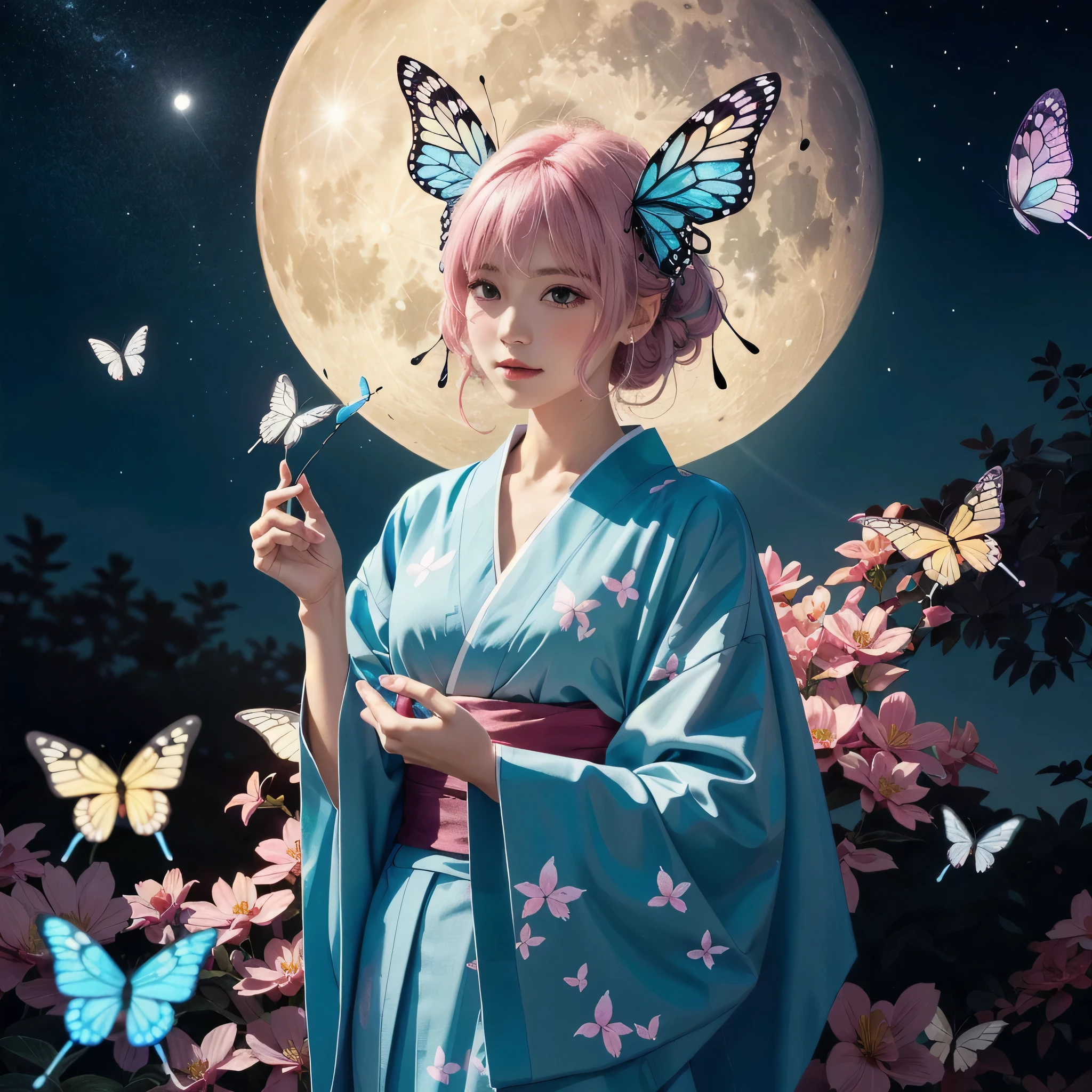 1girl, butterfly, deep purple, colorful, paint, illustration, Masterpiece: Remove the butterfly from your head. The background is a full moon night sky. Wearing a shiny light blue kimono with butterfly pattern. Holding a heart crystal in her hand. Pink hair.