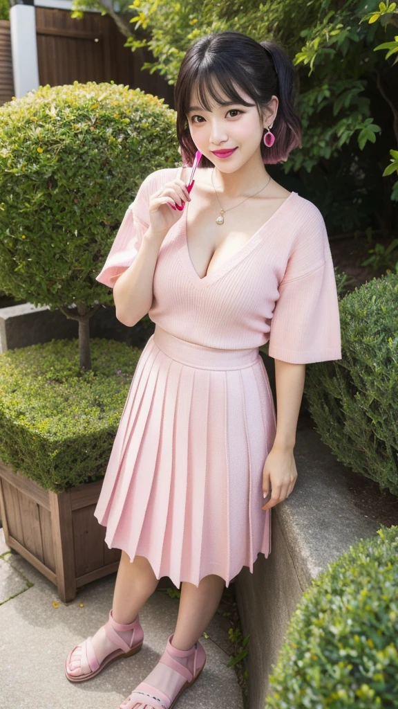 (8k, Photorealistic, Raw photo, Highest quality: 1.4),Japanese idol style1Beautiful girl of the person,18-year-old,Short bob hairstyle,Black Hair,She has her hair tucked behind her ears,She has small earrings in her ears,Big, clear grey eyes,Long eyelashes,Plump Cheeks,(She is applying lipstick,(Pink :1.4),Apply gloss over your lipstick for glossy, plump lips,Smiling,A short pendant is hanging around her neck.,両手の爪に淡いPinkのマニキュアを塗っている,Both toenails have red nail polish,Wearing a V-neck summer knit on bare skin,I can see her cleavage,Wearing a checked pleated skirt,wearing sandals on bare feet,garden,Standing posture,Angle from the front,Full body portrait