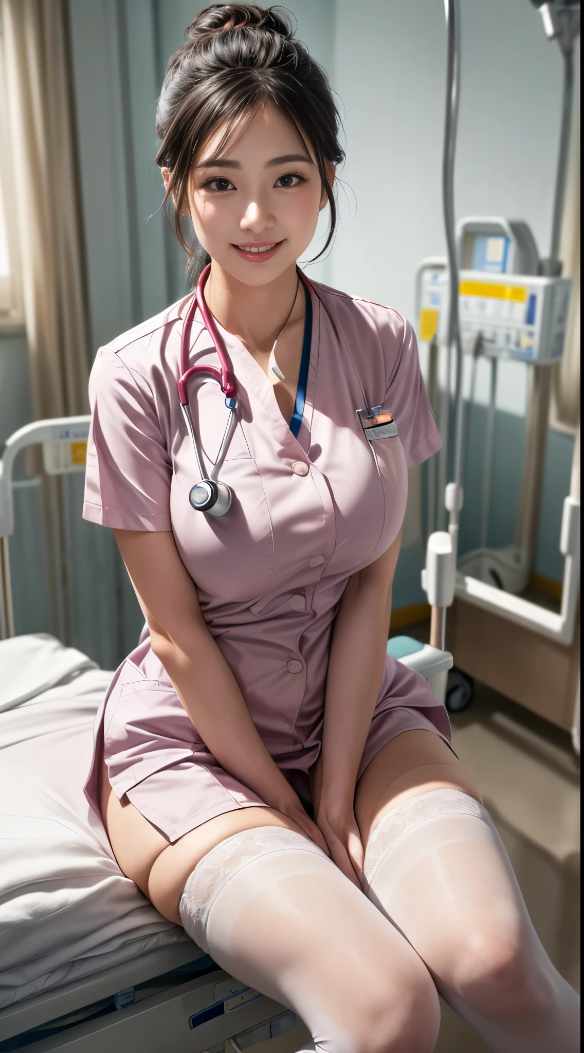 (hospital:1.5)、Sit on the bed、Female nurse、Modern hairstyle、smile、(Big Breasts)、(Mature Woman)、(24-years-old)、((Ultra tight uniform))、Trendy pastel color uniforms、(White Stockings)、Nurse shoes、Name tag on chest、Stethoscope from the neck、(Black Hair)、highest quality、超A high resolution、(Realistic:1.85)、Beautiful Japanese Eyes、Super Beauty、Perfect Style、Perfect balance、Detailed skin、((Delicate photo))，(Detailed RAW photos of girls), (Tabletop:1.25), (highest quality:1.6), (超A high resolution:1.5), (Realisticです:1.75), 8K resolution, Canon EOS R5, 50mm, Absurd, Very detailed,Cinema Lighting、
