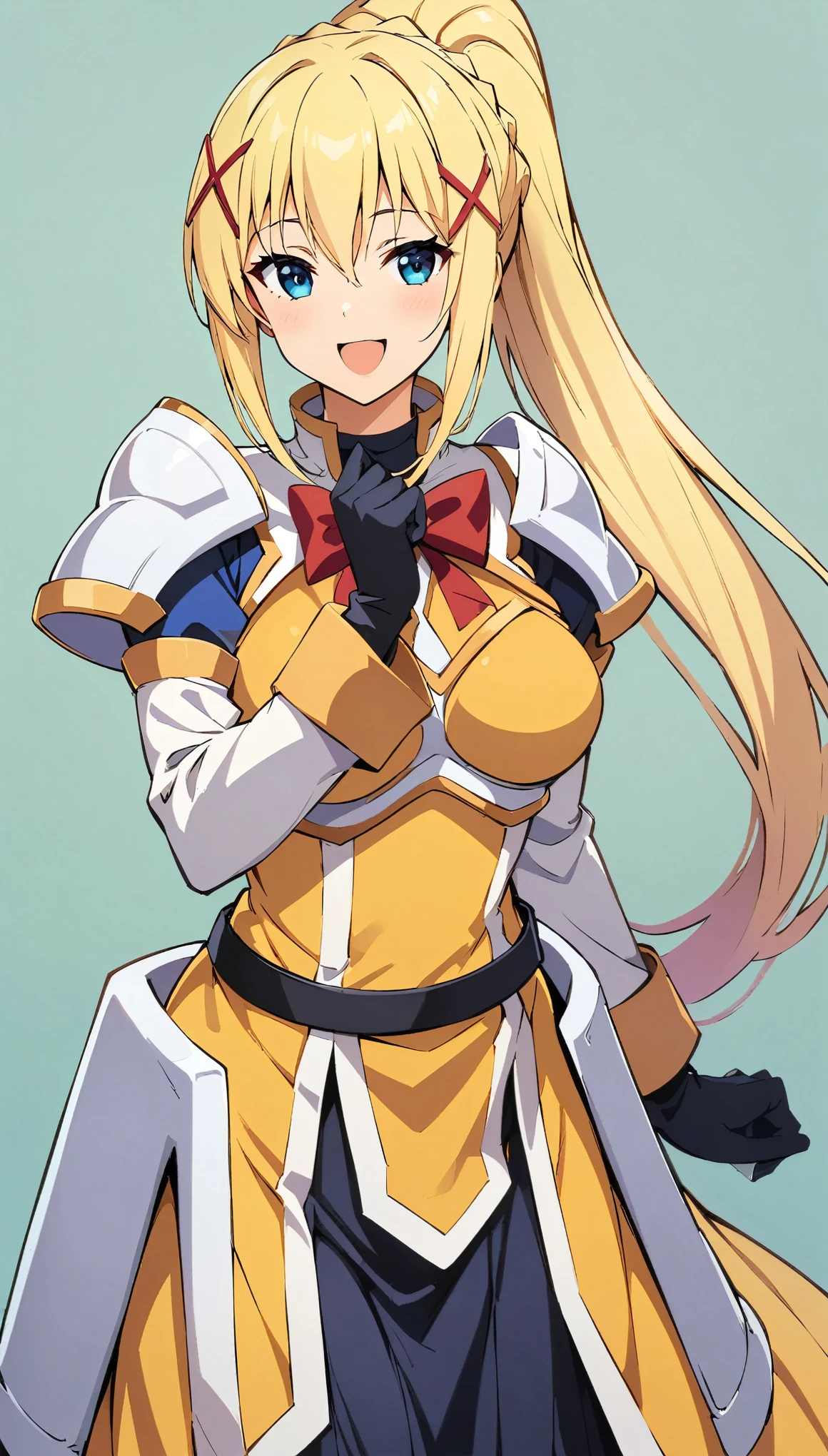 (highest quality:1.2, Anime artwork, Anime Style, Very detailed, Latest, Vibrant, digital coloring, High Contrast, masterpiece:1.2, highest quality, Best aesthetics), (((KonoSuba, KS Darkness, 1 female:1.2))), ((blonde, ponytail, x Hair accessories, White Armor, shoulder 鎧, Bodysuits, Black gloves, Yellow Dress, Black long skirt)), Open your mouth, smile, Random pose, Cowboy Shot, Simple Background.