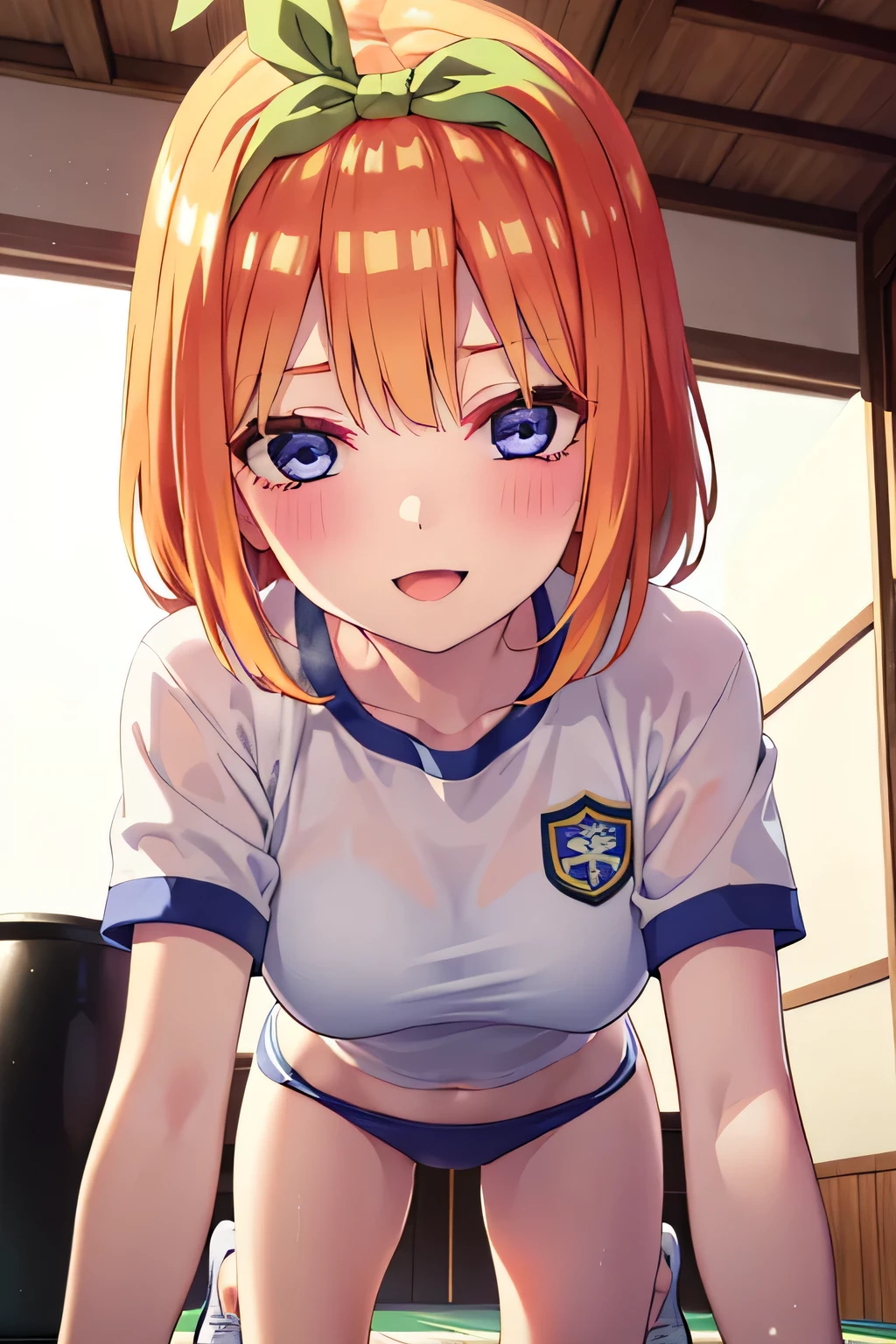 1girl , (yotsuha nakano, Yotsuha Nakano), (bangs, blue eyes, Orange Hair,Green ribbon on the head),happy smile, smile, Open your mouth,((nsfw,full,White gym uniform short sleeve, Navy Blue Bloomers Tight)),Real Summer,Daytime,sunny,My hair is blowing in the wind,whole bodyがイラストに入るように,Slender body,
break indoors, Breaking on a fluffy bed, looking at viewer, whole body,(See-through、On all fours、Brasilia、nsfw)
break (masterpiece:1.2), highest quality, High resolution, unity 8k wallpaper, (shape:0.8), (Beautiful details:1.6), Highly detailed face, Perfect lighting, Extremely detailed CG, (Perfect hands, Perfect Anatomy),