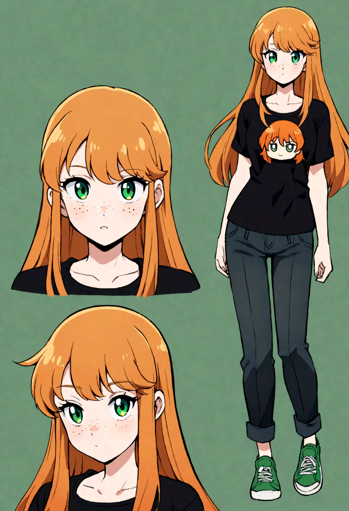 17 year old woman, very beautiful, character design, high quality, orange hair, freckles on the face, green eye color, beautiful eyes, beautiful face, full body, straight look, black t-shirt, dark jean green, t-shirt under pants, dark green sneakers, fine orange hair, long hair, black t-shirt, green eyes, single person, anime style, manga style, single character