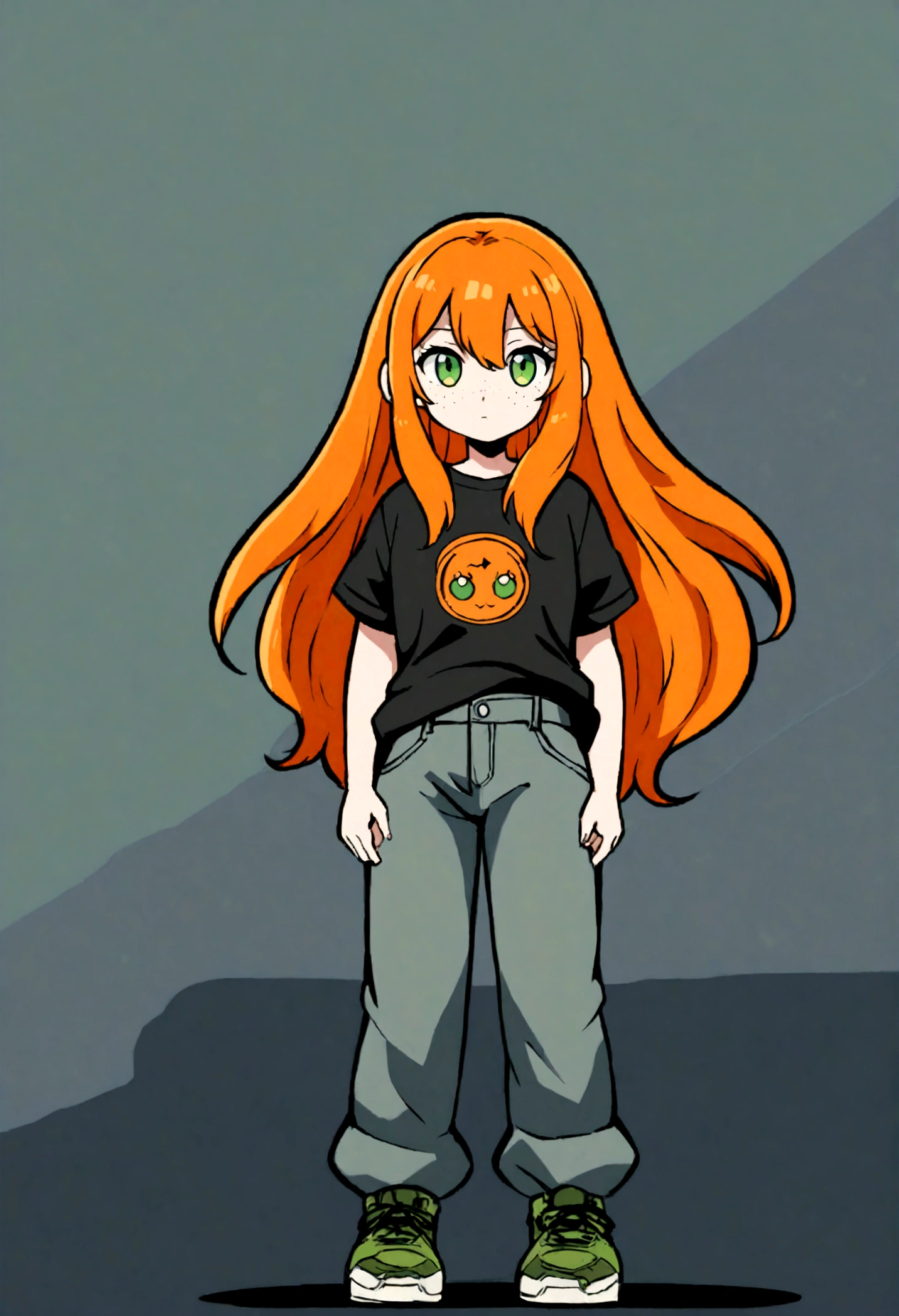 woman, very beautiful, character design, high quality, orange hair, freckles on the face, green eye color, beautiful eyes, beautiful face, full body, straight look, black t-shirt, dark jean green, t-shirt under pants, dark green sneakers, fine orange hair, long hair, black t-shirt, green eyes, single person, anime style, manga style, single character