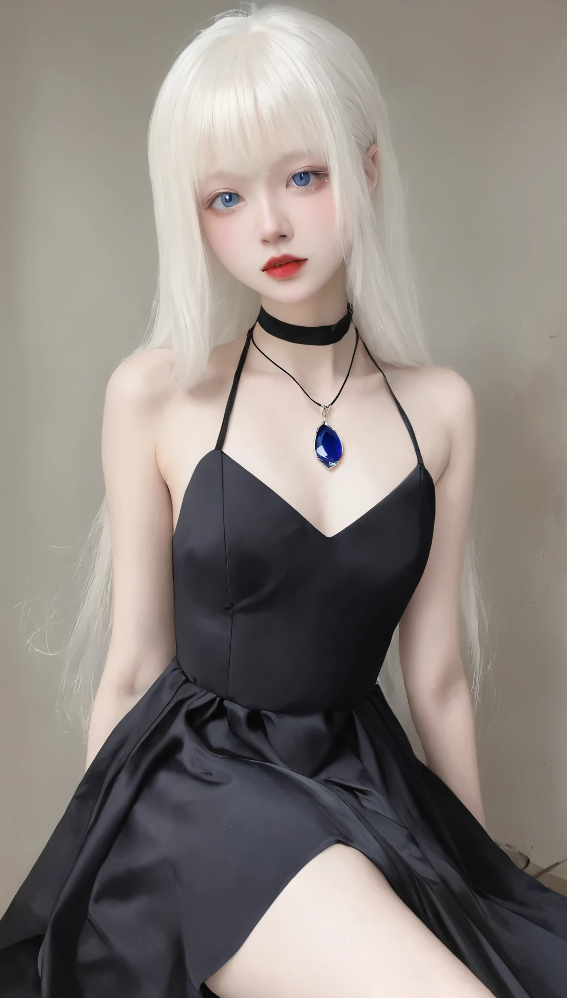 One Girl、anatomy、angle above the knee、albino:1.3、Unparalleled beauty、Only 、Silky white hair、Clear blue eyes、Fuller lips、Black long dress、Black choker、Sapphire Pendant、Are standing、Beautiful Skin、dense skin、small胸、that&#39;that&#39;small、silence、RAW Photos、highest quality、ultra High resolution、High resolution、masterpiece:1.3、８ｋ、Professional Photographer、
