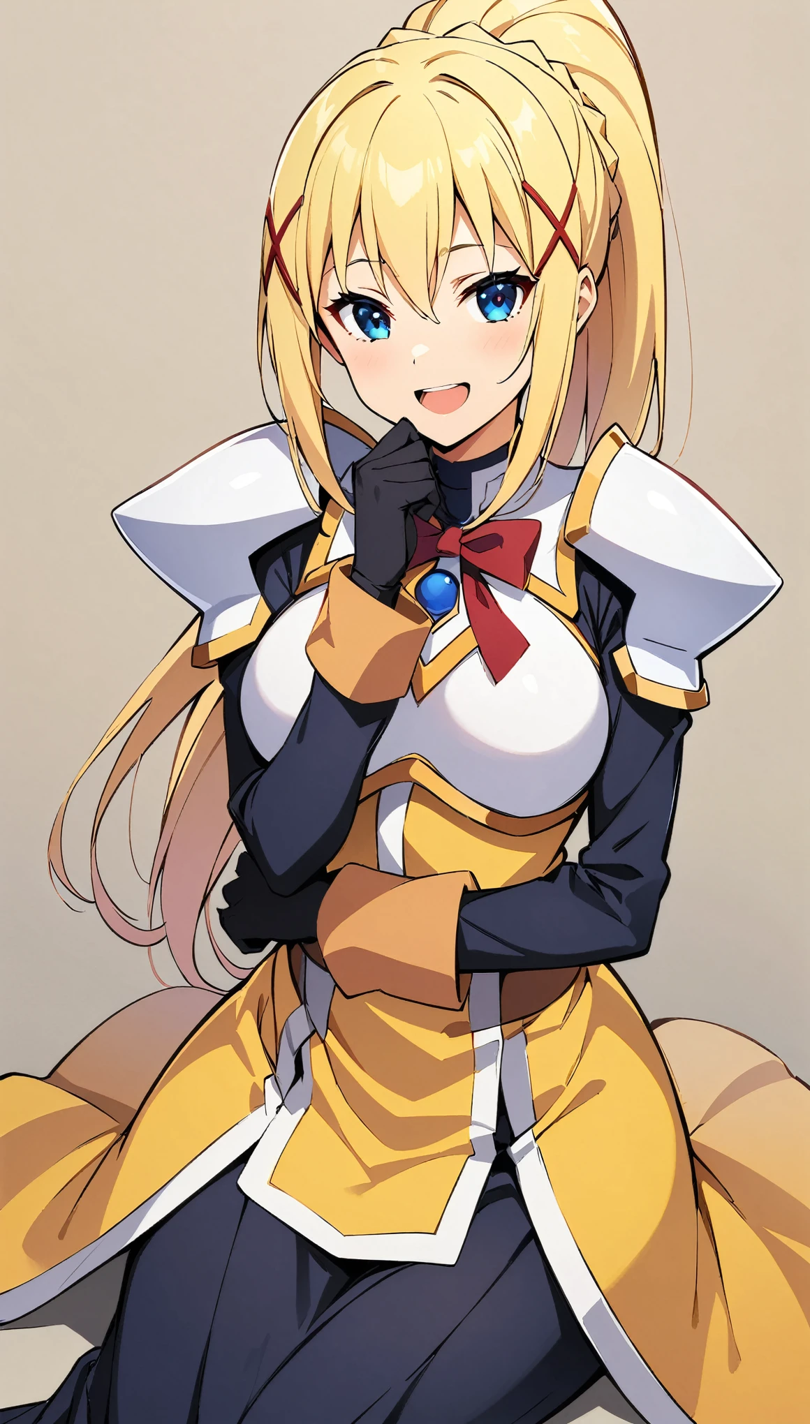 (highest quality:1.2, Anime artwork, Anime Style, Very detailed, Latest, Vibrant, digital coloring, High Contrast, masterpiece:1.2, highest quality, Best aesthetics), (((KonoSuba, KS Darkness, 1 female:1.2))), ((blonde, ponytail, x Hair accessories, White Armor, shoulder 鎧, Bodysuits, Black gloves, Yellow Dress, Black long skirt)), Open your mouth, smile, Sitting, Cowboy Shot, Simple Background.