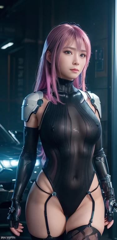 (wearing Fishnet bodystocking :1.3),(Pink Hair :1.3),masterpiece、((Black metallic sweater))、 ((Plug Suit)), ((beautiful girl:1.2))、I have no arms.、Mechanized body、Mechanized chest and abdomen、Mechanized back of the head、Body-fitting mecha leg rack metallic suit、 Are standing、Tied up、金属robot、((Cyberpunk Background))、(Neon Light)、(Futuristic Machine Factory Background)、Cyberdyne、Artificial body、All-metal body、Ironwork、Abdominal Structure、((robotアームとハンド))、((robotの脚))、((Machine Neck))、Inside the spaceship、beautiful girl、、Asian Beauty, (Actuators and cables exposed from the abdomen.、金属robotの首から胴体まで接続、Complex 3d rendering beauTiful porcelain profile super Familiard female android face、cyborg、robot部品、150mm、Beautiful studio soft light、Rim Light、Sharp details、Gorgeous Cyberpunk、Ren Hao、超Realistic、Anatomical、Facial muscles、Cable Wire Microchip、elegant、Beautiful background、Octane Rendering、HR Giger Style、8k、highest quality、masterpiece、Consciousness upward、Very delicate and beautiful、 非常にFamiliarなCG、Unity、wall-、(Realistic、Realistic:1.37)、wonderful、Familiar、masterpiece、highest quality、Official Art、Highly Familiard CG Unity 8k wallpaper、Absurd、信じられないほどAbsurd、、robot、Silver Beads、Ezvian everywhere、 Are standing