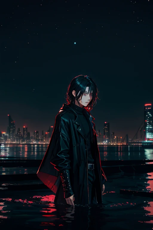 A young, male, Adult staring into the water that reflects an Old bounty older clothed in a tattered cloak , a hive city background, dark, edgy, black clothes, a long scar between his eyes, unusual angles, black hair with a night sky with no stars or colors other neon lights from the super hive city , 800x600 PX