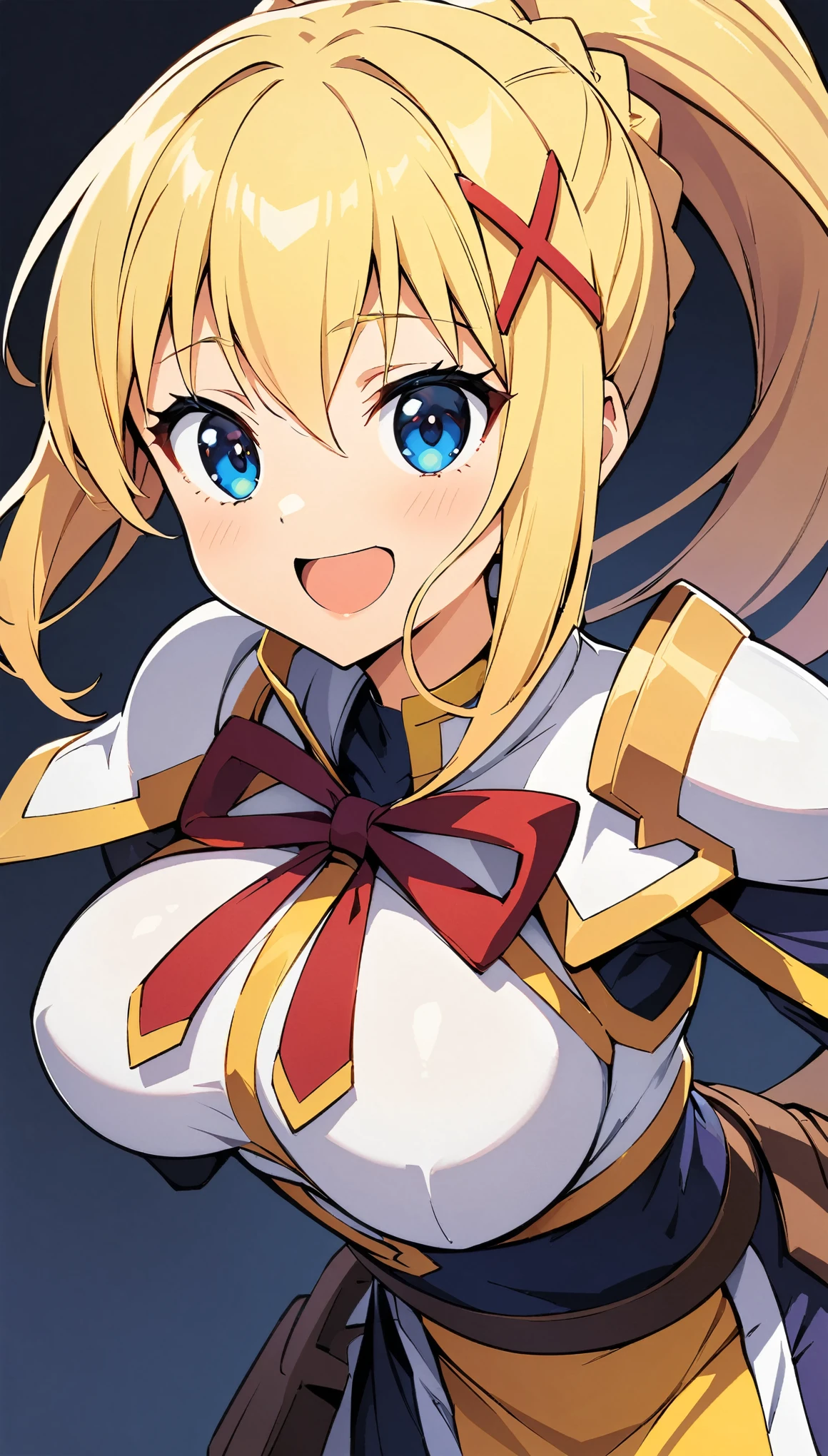 (highest quality:1.2, Anime artwork, Anime Style, Very detailed, Latest, Vibrant, digital coloring, High Contrast, masterpiece:1.2, highest quality, Best aesthetics), (((KonoSuba, KS Darkness, 1 female:1.2))), ((blonde, ponytail, x Hair accessories, White Armor, shoulder 鎧, Bodysuits, Black gloves, Yellow Dress, Black long skirt)), Open your mouth, smile, Random pose, Cowboy Shot, Simple Background.