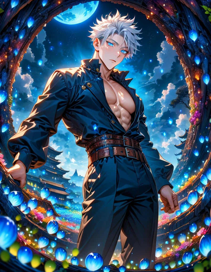 absurdres, highres, ultra detailed, HDR, master piece, best quality, detailed face, Gojou Satoru, white hair, with bangs, expressive blue eyes, white eyelashes, Jujutsu Kaisen, solo, sexy man, handsome, horny, toned chest, handsome smile, black clothes, fantasy, magic world, blue lightning, envy magical, blue moon, blue lanterns, blue spheres, blue dust, starry sky