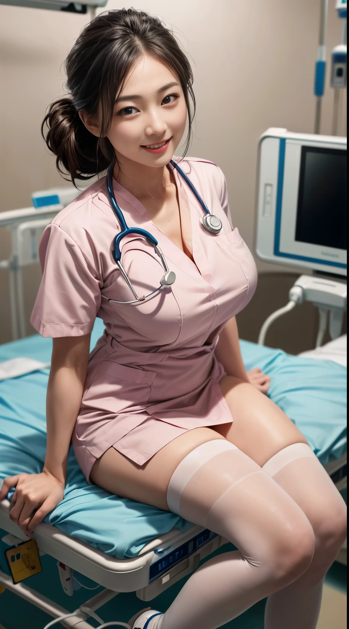 (hospital:1.5)、Sit on the bed、Female nurse、Modern hairstyle、smile、(Big Breasts)、(Mature Woman)、(24-years-old)、((Ultra tight uniform))、Trendy pastel color uniforms、(White Stockings)、Nurse shoes、Name tag on chest、Stethoscope from the neck、(Black Hair)、highest quality、超A high resolution、(Realistic:1.85)、Beautiful Japanese Eyes、Super Beauty、Perfect Style、Perfect balance、Detailed skin、((Delicate photo))，(Detailed RAW photos of girls), (Tabletop:1.25), (highest quality:1.6), (超A high resolution:1.5), (Realisticです:1.75), 8K resolution, Canon EOS R5, 50mm, Absurd, Very detailed,Cinema Lighting、