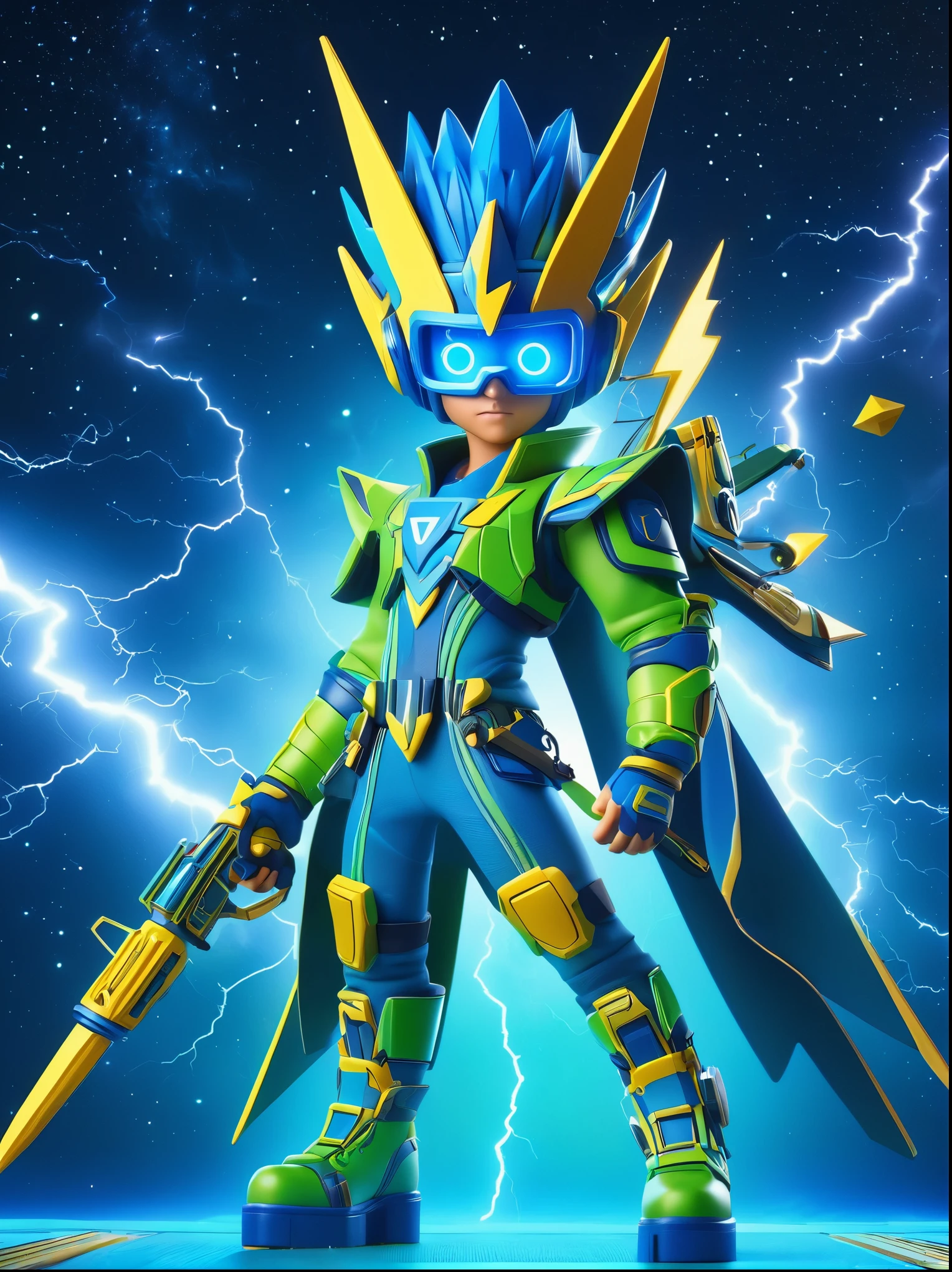 1boy, solo, Lightning energy，Electricity elements，Wearing a pointed headdress，Wearing large rectangular glasses，Blue Highlight Lightning，Wearing bright blue and green square clothing，High heel boots，Holding an electric weapon，Space starry sky background，Galactic battleship，Fighting Stance，Explosion，Best quality，Original，whole body，Cartoon Style，3D character rendering，Created with C4D and Blender，precise，Blind box toy style，Super Detail，Anatomically correct，masterpiece, 1djxz1