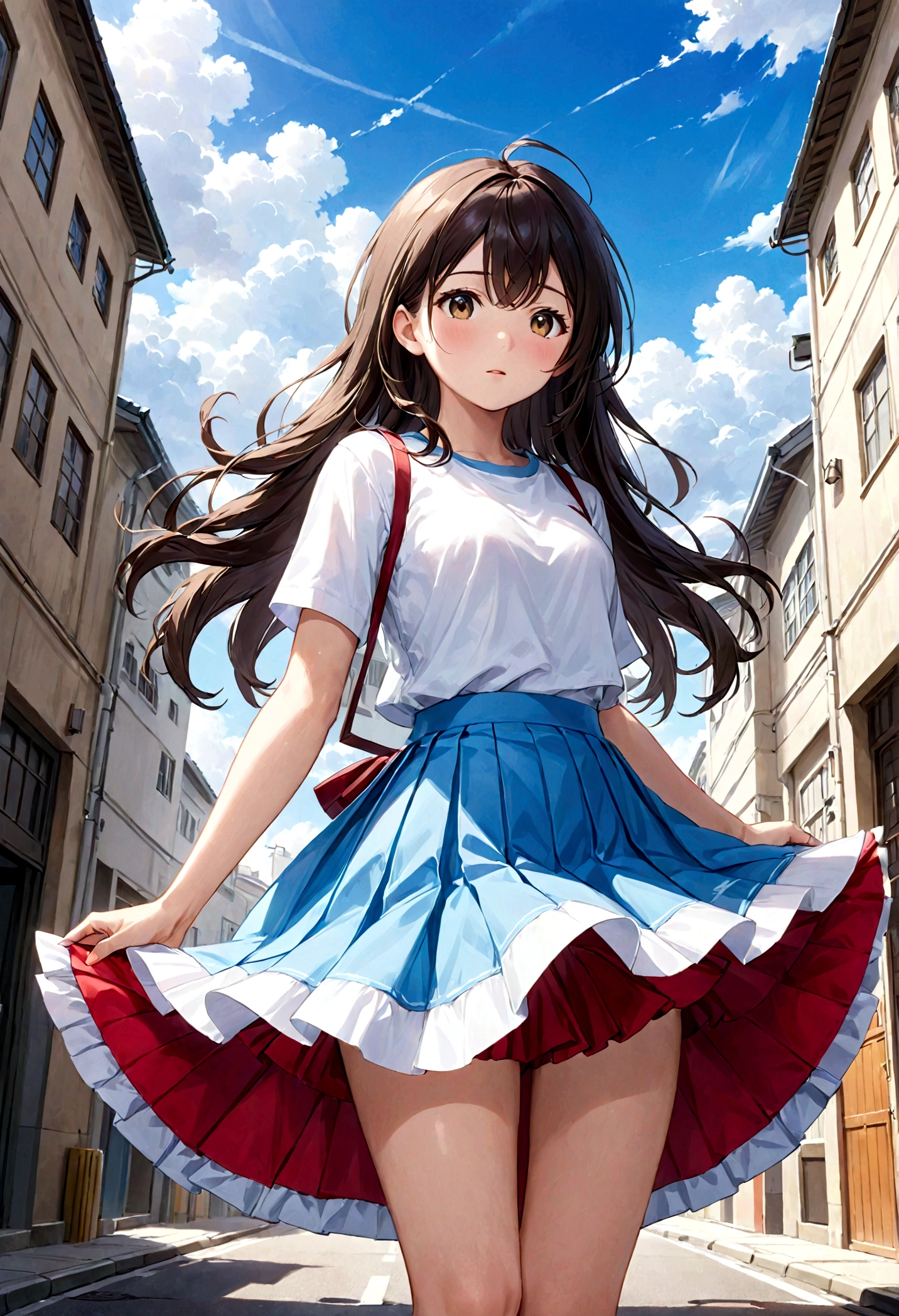 Low - Angle、Long skirt、強WindでHolding the flipping skirt with your hand、強WindでWhite cotton pantiesが見えている、:((Holding the flipping skirt with your hand))Low - Angle8Kで、highest quality、masterpiece、Ultra-detailed、Ultra-high resolution、Anime Style、1. High school girl、強Wind、((Holding the flipping skirt with your hand))、(impatient)White cotton panties:1.5), (Wind:1.25), (highest quality:1.0), (masterpiece:1.0), (Ultra-fine illustrations:1.0), ネイビーブルーのLong skirt、
、Lined、