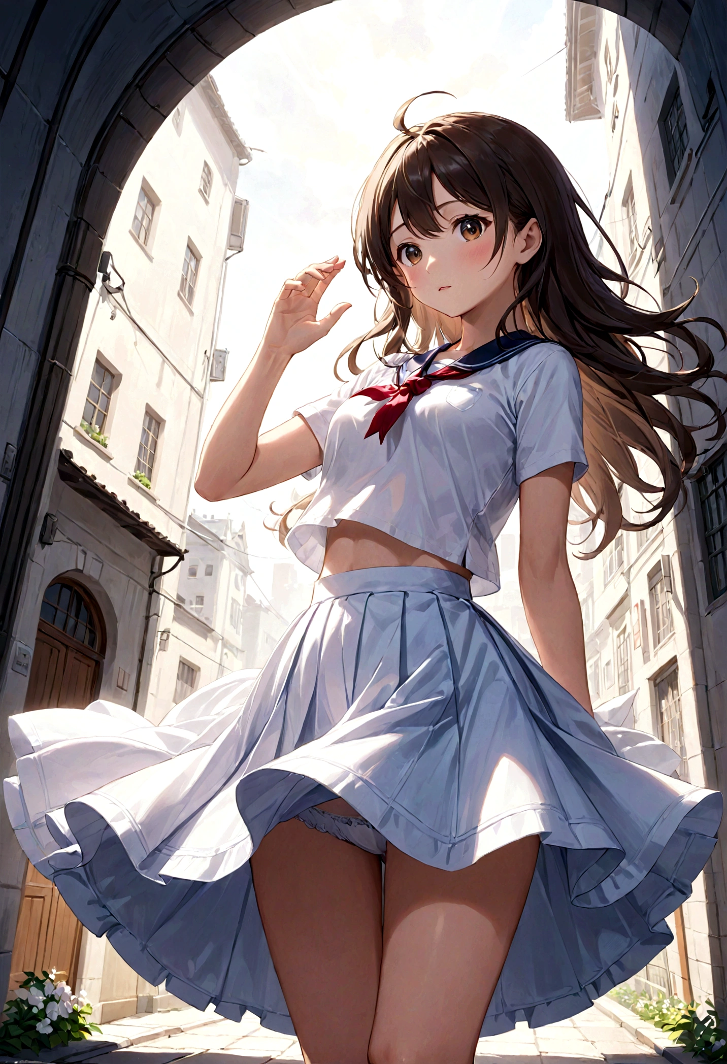 Low - Angle、Long skirt、強WindでHolding the flipping skirt with your hand、強WindでWhite cotton pantiesが見えている、:((Holding the flipping skirt with your hand))Low - Angle8Kで、highest quality、masterpiece、Ultra-detailed、Ultra-high resolution、Anime Style、1. High school girl、強Wind、((Holding the flipping skirt with your hand))、(impatient)White cotton panties:1.5), (Wind:1.25), (highest quality:1.0), (masterpiece:1.0), (Ultra-fine illustrations:1.0), ネイビーブルーのLong skirt、
、Lined、