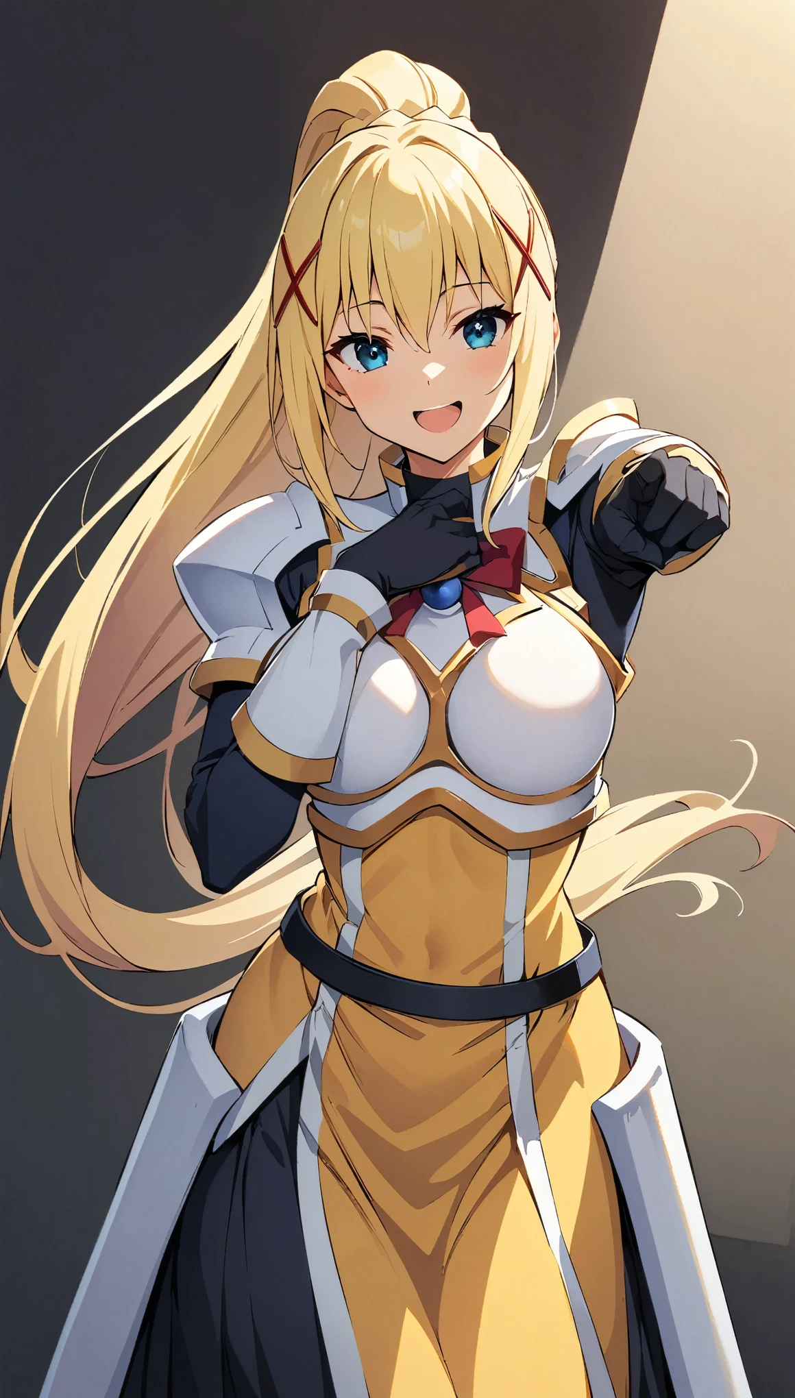 (highest quality:1.2, Anime artwork, Anime Style, Very detailed, Latest, Vibrant, digital coloring, High Contrast, masterpiece:1.2, highest quality, Best aesthetics), (((KonoSuba, KS Darkness, 1 female:1.2))), ((blonde, ponytail, x Hair accessories, White Armor, shoulder 鎧, Bodysuits, Black gloves, Yellow Dress, Black long skirt)), Open your mouth, smile, Random pose, Cowboy Shot, Simple Background.