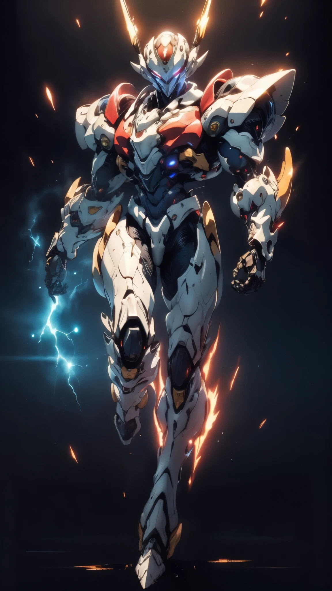 Humanoid Mecha, fully enclosed shoulder guards, matching arm and leg guards, full body, full armor, the design balances heavy with agility, (the color scheme is primarily white with red and blue accents, the concept Inspired by Super robot, organic biotech armor, standing, floating high above the futuristic sci-fi city), exquisite and mature art style, (aura effect, energy, glowing eyes, the armor glows), ((SRS)), metallic, dynamic, dramatic, high definition, best quality, highres, ultra-detailed, ultra-fine painting, extremely delicate, professional, perfect body proportions, anatomically correct, symmetrical face, extremely detailed eyes and face, high quality eyes, creativity, RAW photo, UHD, 32k, Natural light, cinematic lighting, masterpiece-anatomy-perfect, masterpiece:1.5