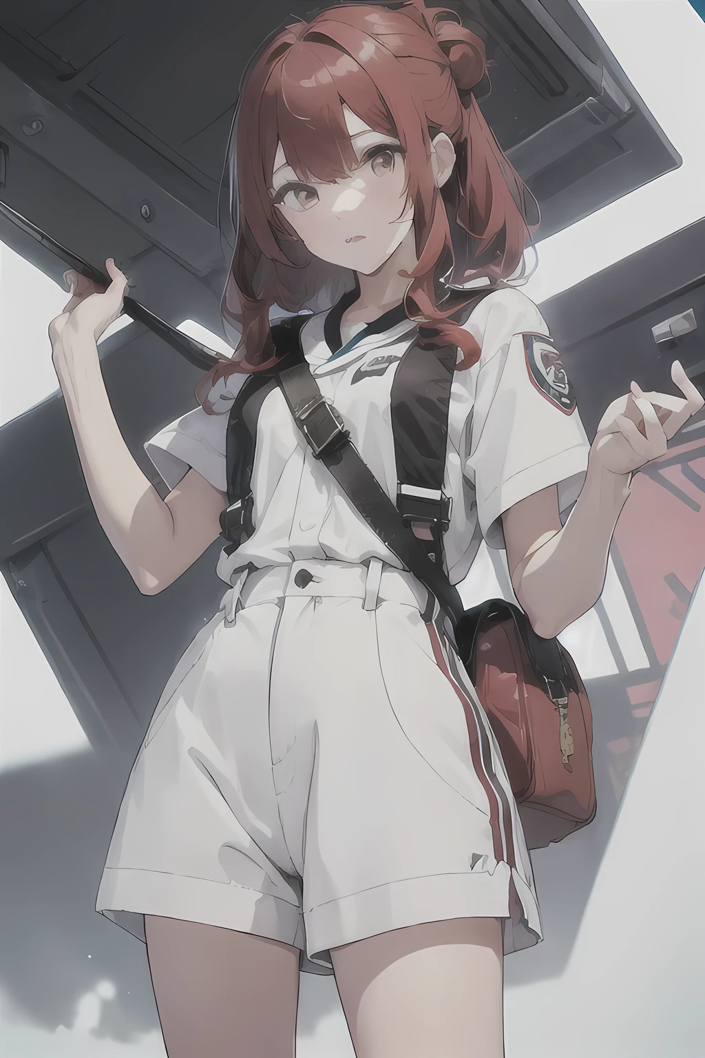 1 girl, Redhead, Updo, Facial hair stripes, Red eyes, mascara, Shorts、 Impact, 8k,