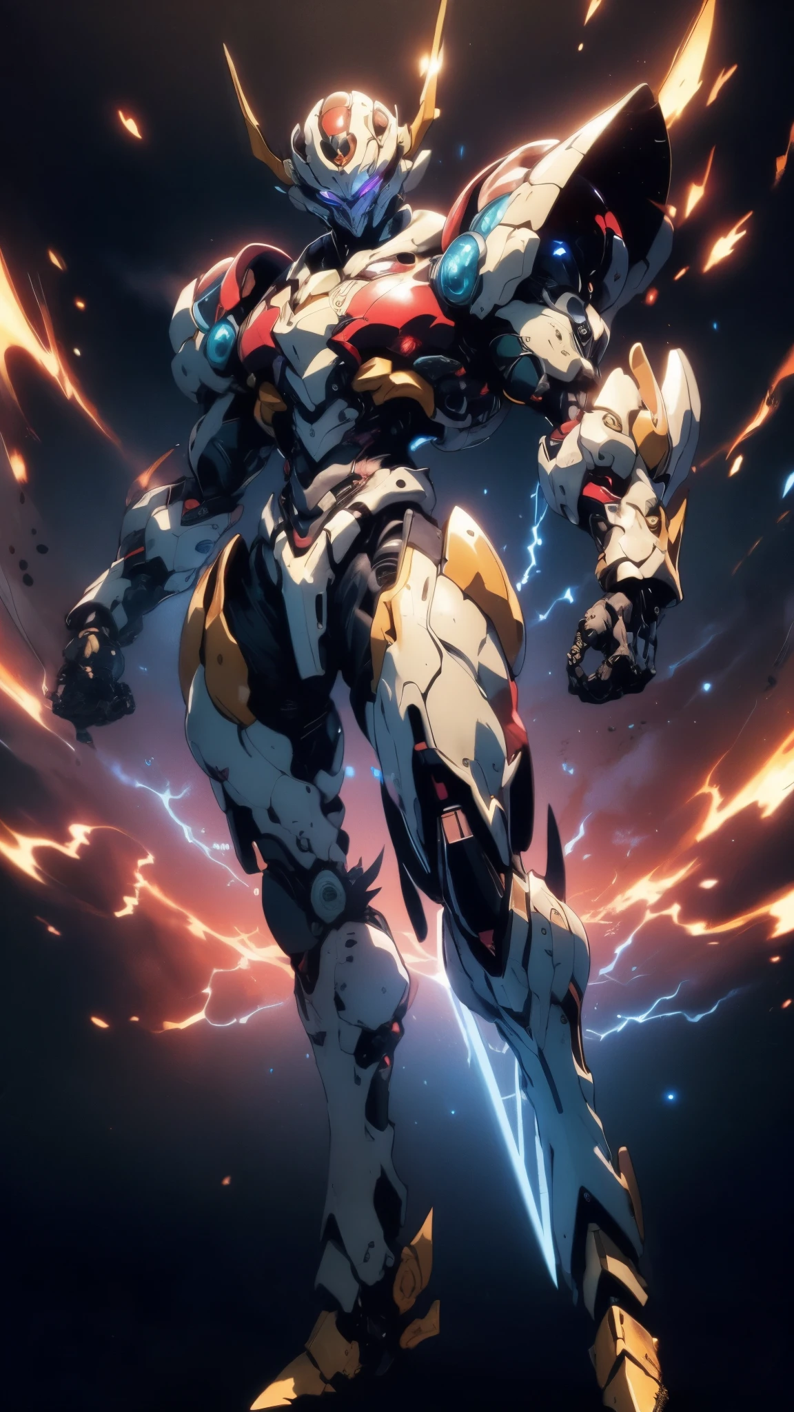 Humanoid Mecha, fully enclosed shoulder guards, matching arm and leg guards, full body, full armor, the design balances heavy with agility, (the color scheme is primarily white with red and blue accents, the concept Inspired by Super robot, organic biotech armor, standing, floating high above the futuristic sci-fi city), exquisite and mature art style, (aura effect, energy, glowing eyes, the armor glows), ((SRS)), metallic, dynamic, dramatic, high definition, best quality, highres, ultra-detailed, ultra-fine painting, extremely delicate, professional, perfect body proportions, anatomically correct, symmetrical face, extremely detailed eyes and face, high quality eyes, creativity, RAW photo, UHD, 32k, Natural light, cinematic lighting, masterpiece-anatomy-perfect, masterpiece:1.5