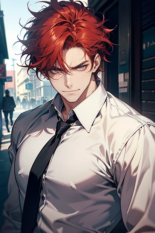 (tmasterpiece, high resolution, ultra - detailed:1.0), (1 male, masculine face), Perfect male body, tall and strong, Adult male, Delicate eyes and delicate face, Extremely detailed CG, Unity 8k wallpaper, Complicated details, Detailed face, (red hair, messy hair, serious faces, white shirts,Bad students), (frown,evil smile:1.3), stad in school corridor, street style, color difference, Depth of field, dramatic shadow, Ray tracing, Best quality, Cinematic lighting, offcial art,Portrait