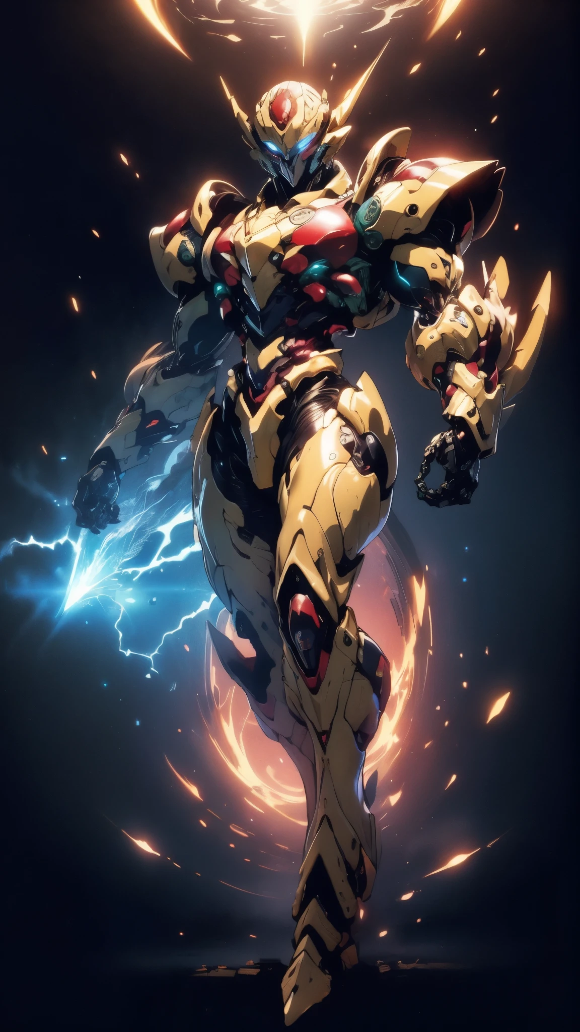 Humanoid Mecha, fully enclosed shoulder guards, matching arm and leg guards, full body, full armor, the design balances heavy with agility, (the color scheme is primarily white with red and blue accents, the concept Inspired by Super robot, organic biotech armor, standing, floating high above the futuristic sci-fi city), exquisite and mature art style, (aura effect, energy, glowing eyes, the armor glows), ((SRS)), metallic, dynamic, dramatic, high definition, best quality, highres, ultra-detailed, ultra-fine painting, extremely delicate, professional, perfect body proportions, anatomically correct, symmetrical face, extremely detailed eyes and face, high quality eyes, creativity, RAW photo, UHD, 32k, Natural light, cinematic lighting, masterpiece-anatomy-perfect, masterpiece:1.5