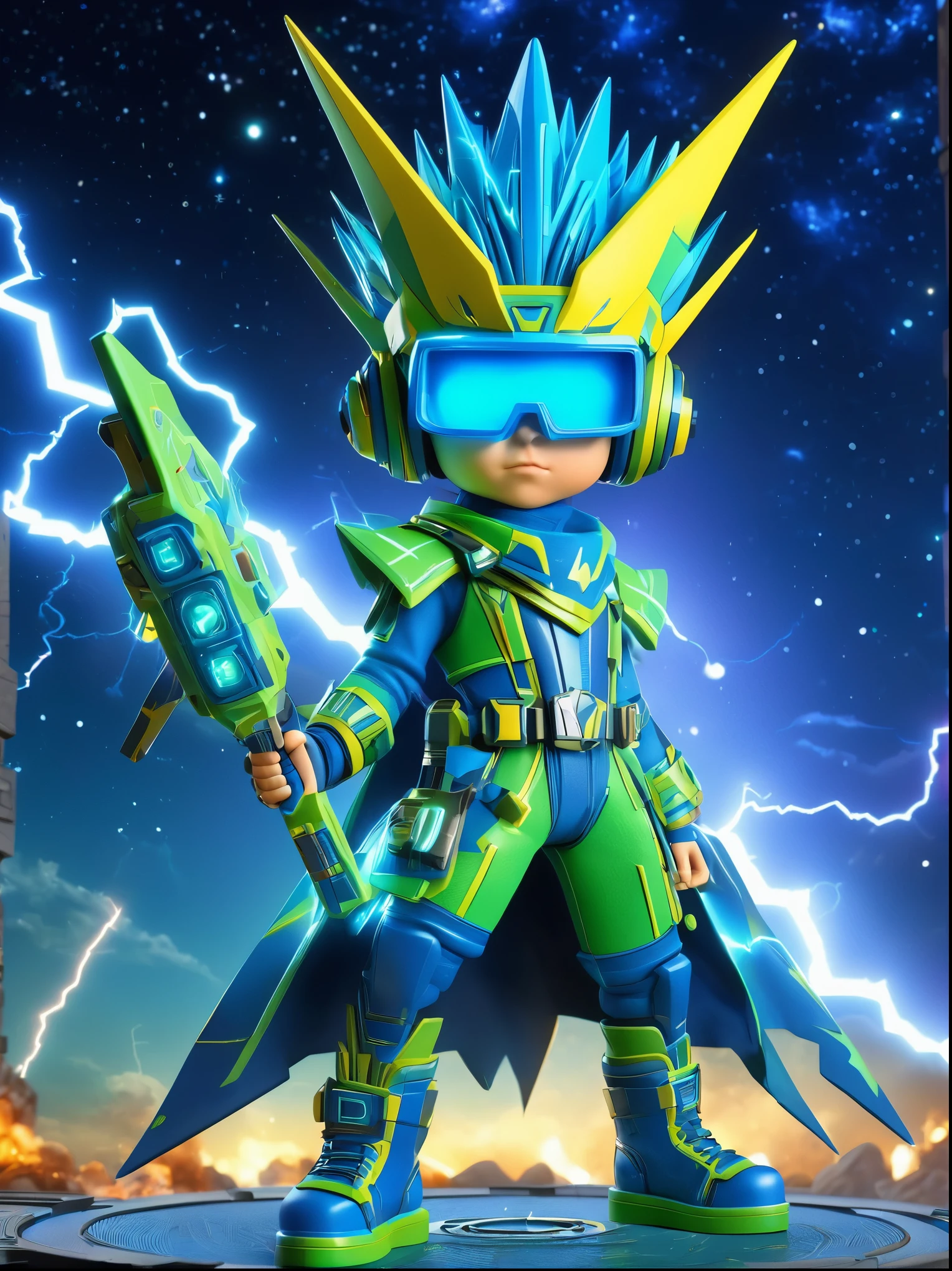 1boy, solo, Lightning energy，Electricity elements，Wearing a pointed headdress，Wearing large rectangular glasses，Blue Highlight Lightning，Wearing bright blue and green square clothing，High heel boots，Holding an electric weapon，Space starry sky background，Galactic battleship，Fighting Stance，Explosion，Best quality，Original，whole body，Cartoon Style，3D character rendering，Created with C4D and Blender，precise，Blind box toy style，Super Detail，Anatomically correct，masterpiece, 1djxz1