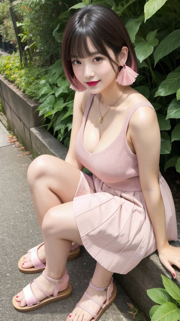 (8k, Photorealistic, Raw photo, Highest quality: 1.4),Japanese idol style1Beautiful girl of the person,18-year-old,Short bob hairstyle,Black Hair,She has her hair tucked behind her ears,She has small earrings in her ears,Big, clear grey eyes,Long eyelashes,Plump Cheeks,(She is applying lipstick,(Pink :1.4)),Apply gloss over your lipstick for glossy, plump lips,Smiling,A short pendant is hanging around her neck.,両手の爪に淡いPinkのマニキュアを塗っている,Both toenails have red nail polish,Wearing a V-neck summer knit on bare skin,I can see her cleavage,Wearing a checked pleated skirt,wearing sandals on bare feet,garden,Standing posture,Angle from the front,Full body portrait