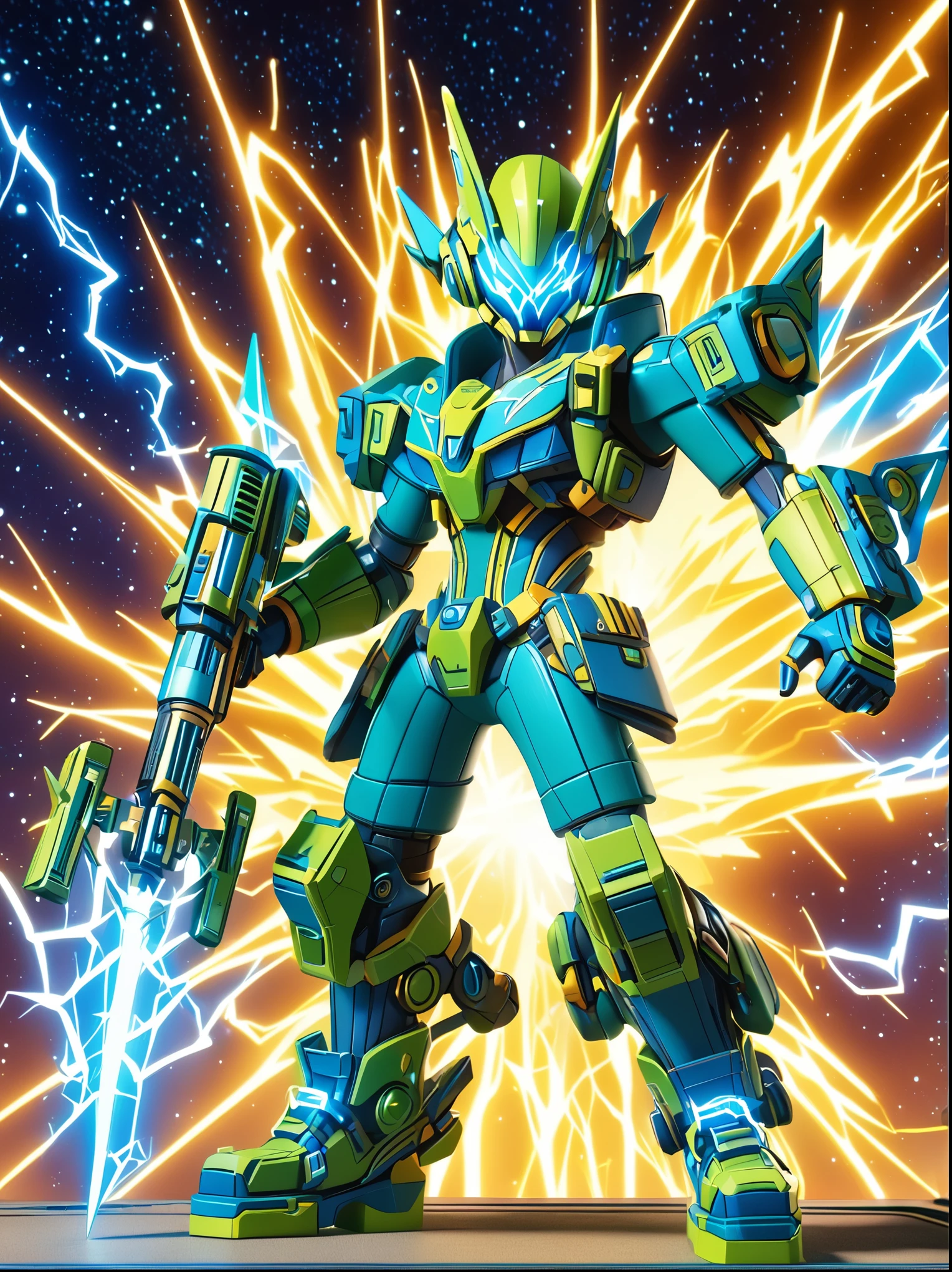 1boy, solo, Lightning energy，Electricity elements，Wearing a pointed headdress，Wearing large rectangular glasses，Blue Highlight Lightning，Wearing bright blue and green square clothing，High heel boots，Holding an electric weapon，Space starry sky background，Galactic battleship，Fighting Stance，Explosion，Best quality，Original，whole body，Cartoon Style，3D character rendering，Created with C4D and Blender，precise，Blind box toy style，Super Detail，Anatomically correct，masterpiece, 1djxz1