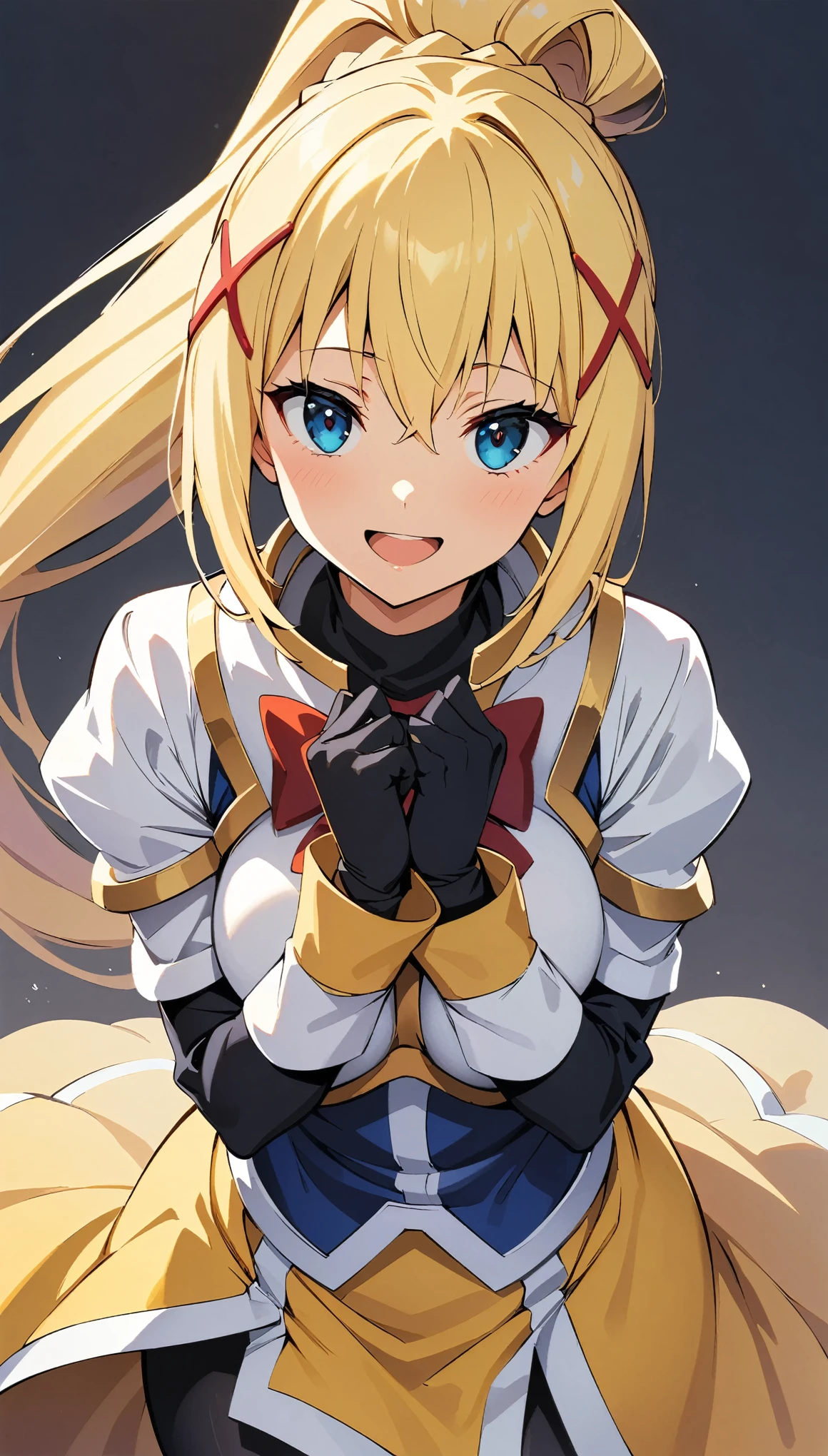 (highest quality:1.2, Anime artwork, Anime Style, Very detailed, Latest, Vibrant, digital coloring, High Contrast, masterpiece:1.2, highest quality, Best aesthetics), (((KonoSuba, KS Darkness, 1 female:1.2))), ((blonde, ponytail, x Hair accessories, White Armor, shoulder 鎧, Bodysuits, Black gloves, Yellow Dress, Black long skirt)), Open your mouth, smile, Random pose, Cowboy Shot, Simple Background.