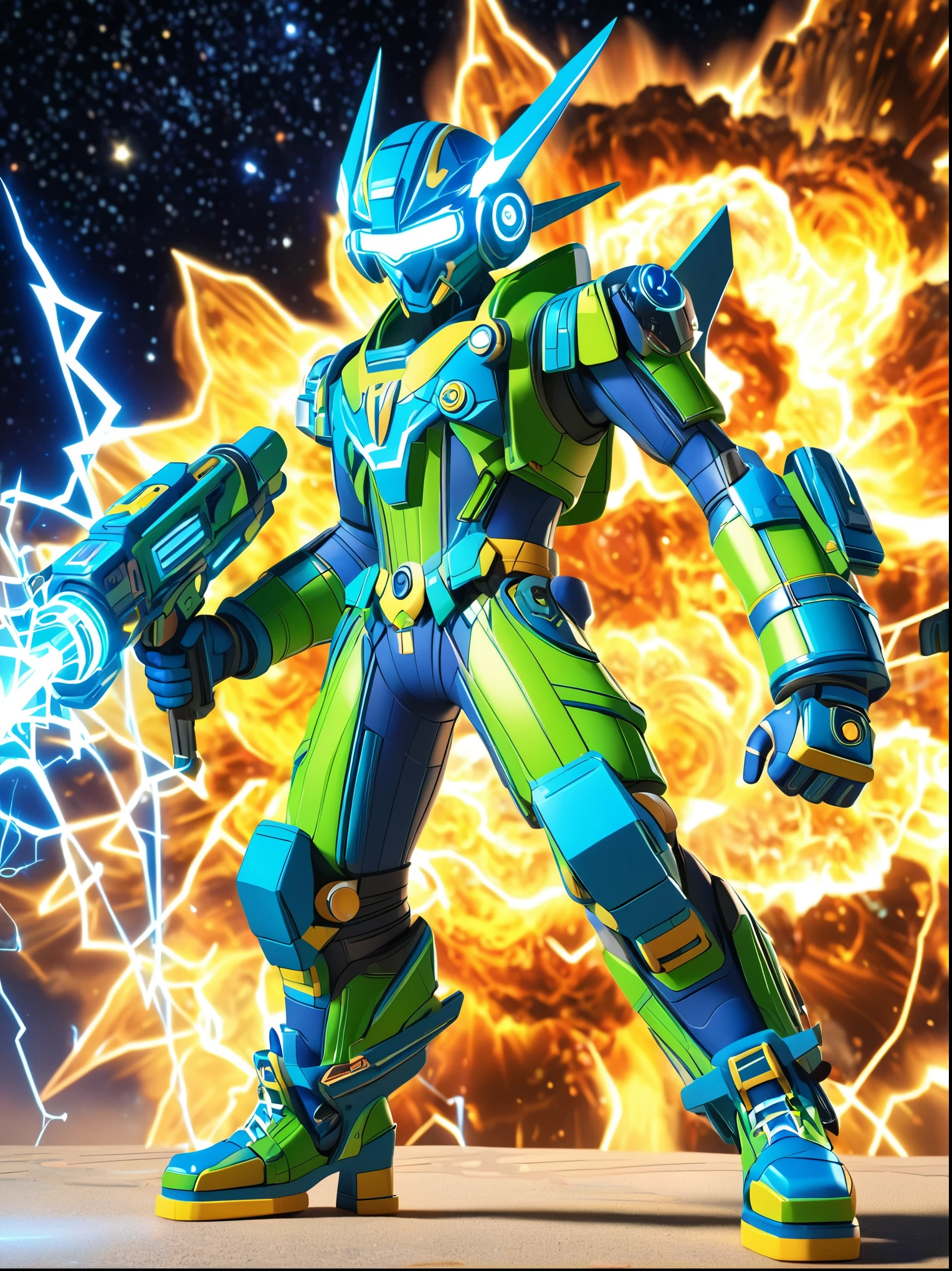 1boy, solo, Lightning energy，Electricity elements，Wearing a pointed headdress，Wearing large rectangular glasses，Blue Highlight Lightning，Wearing bright blue and green square clothing，High heel boots，Holding an electric weapon，Space starry sky background，Galactic battleship，Fighting Stance，Explosion，Best quality，Original，whole body，Cartoon Style，3D character rendering，Created with C4D and Blender，precise，Blind box toy style，Super Detail，Anatomically correct，masterpiece, 1djxz1