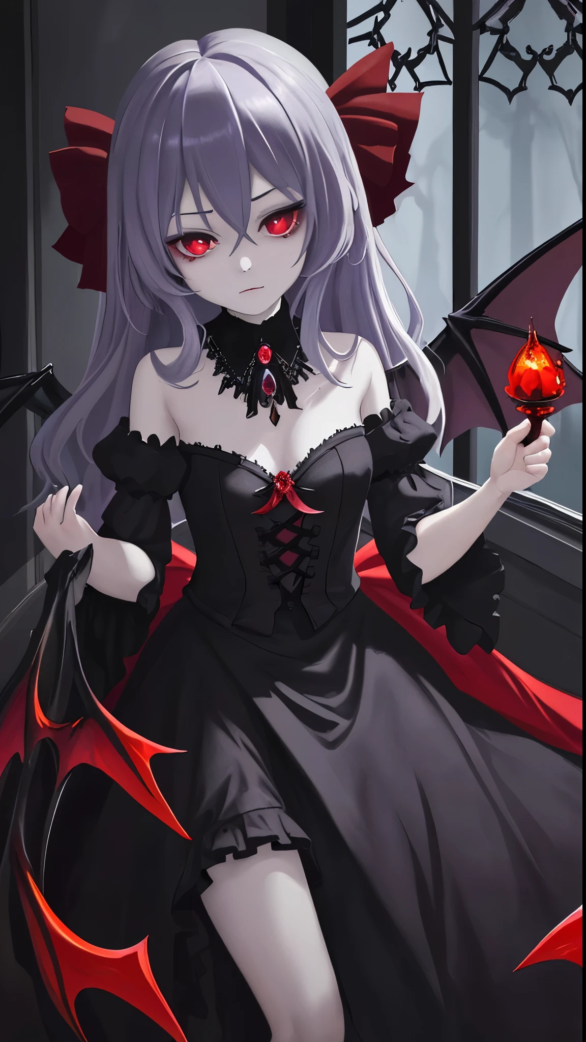 masterpiece, highest quality, 1 Girl, solo, Goth:1.2, Remilia Scarlet, A captivating portrait of Remilia Scarlet that embodies the Gothic aesthetic。Images exude high-resolution detail、It showcases her striking features with exquisite clarity.。There is only one subject、Remilia is the focus、Her long wavy hair cascaded down like a dark waterfall。 The portrait is painted in oil painting style.、The vibrant colors bring dramatic contrast to the scene.。Use of HDR lighting、Amplify Remilia&#39;s mysterious beauty、She is in the spotlight, making her stand out in the darkness.