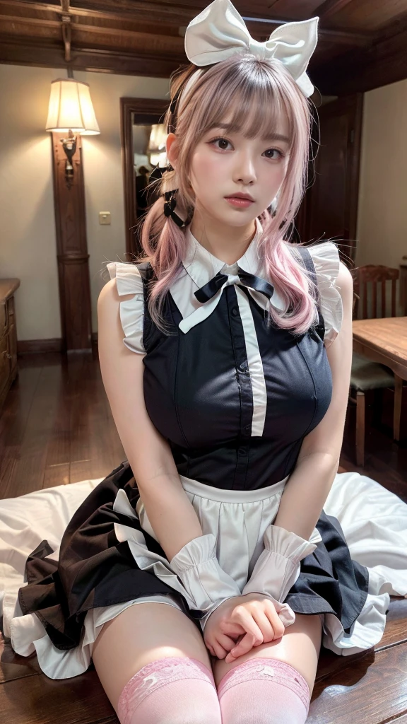 Mature Woman、Pink Hair、Light gray hair、((Two-tone hair))、White Lolita dress with delicate pink decoration、Slender women、Cute Woman、 8K Ultra HD,Detailed face、Delicate texture, Long Hair、(((Blunt bangs)))、(((Drill Hair)))、(bow ribbon, Maid, knee high socks:1.3), Aside Cutter Shirt, frill skirt、((Ethnic Lolita))、A room in a Western-style building、((Delicate photo)),(Girl Astepeace RAW Photo Details:1.25), (highest quality:1.6), (超A high resolution:1.5), (Realistic:1.75), 8K resolution, Canon EOS R5, 50mm, Absurd, Super detailed,Cinema Lighting、((stuffed toy:1.25))、plump breasts、(Leg spread)、