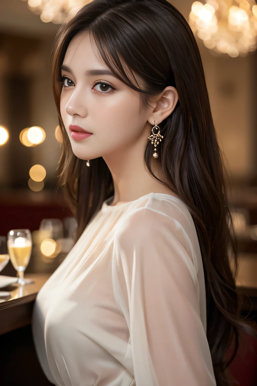 masterpiece, highest quality, Realistic, Very detailed, Finer details, High resolution, 8k wallpaper, One beautiful woman, Wear an elegant black see-through blouse, In a great restaurant, At night, Light brown messy hair, Perfect dynamic composition, Beautiful and beautiful eyes、Big earrings