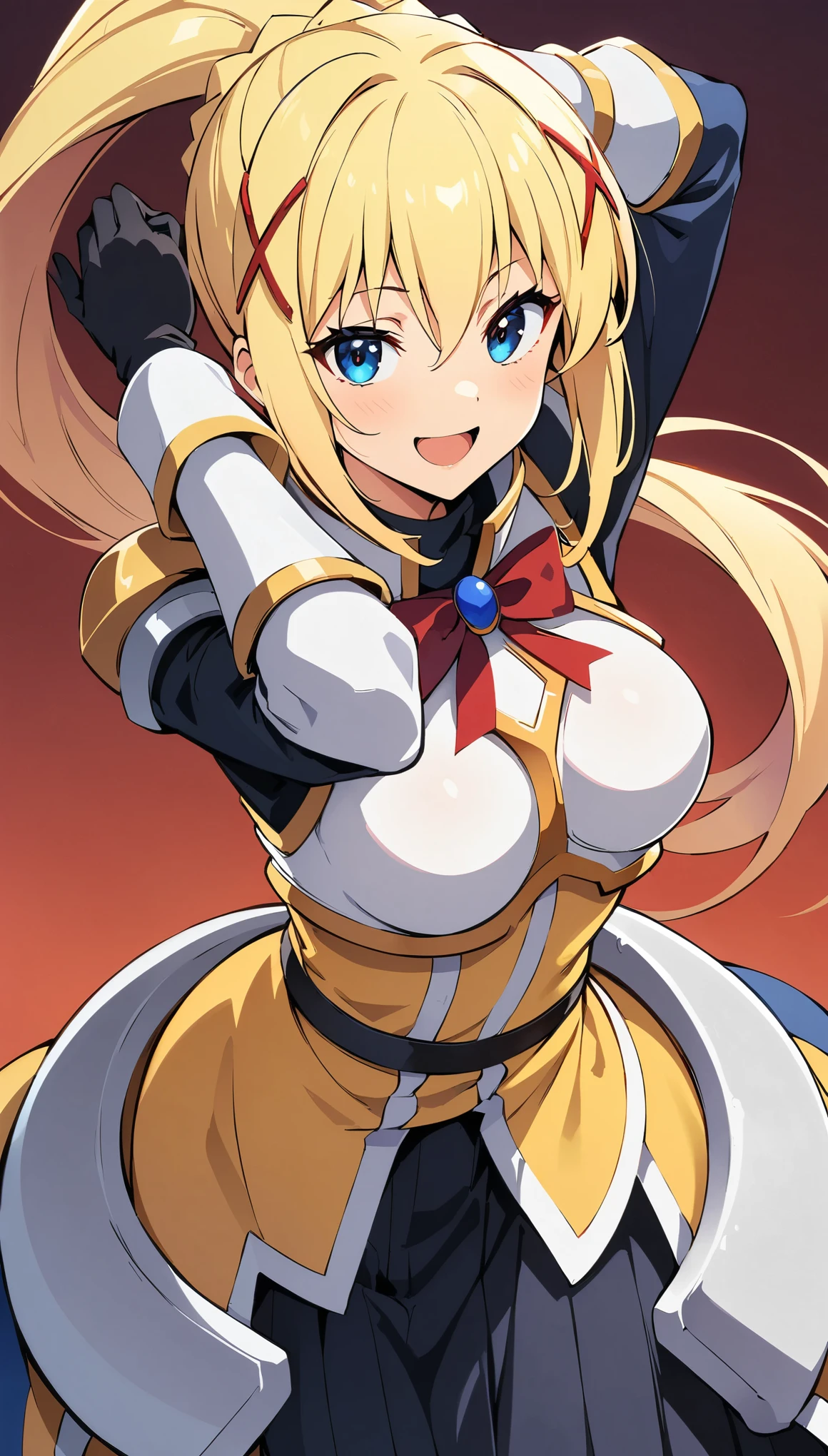 (highest quality:1.2, Anime artwork, Anime Style, Very detailed, Latest, Vibrant, digital coloring, High Contrast, masterpiece:1.2, highest quality, Best aesthetics), (((KonoSuba, KS Darkness, 1 female:1.2))), ((blonde, ponytail, x Hair accessories, White Armor, shoulder 鎧, Bodysuits, Black gloves, Yellow Dress, Black long skirt)), Open your mouth, smile, Random pose, Cowboy Shot, Simple Background.