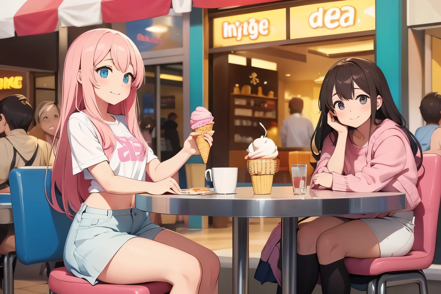 "Anime girl, Yuni NIKKE, PRIORITY IDENTICAL CLOTHING BY IMAGE TASK ID CPIFKKTE878C73D78QEG, DETAILED IMAGE, Small breasts, Light Pink Long Hair with BANGS, NO FOREHEAD VISIBLE, full body, Thin Waist, Wide Hips, cute expression". She's sitting in a comfortable chair at a table in an ice cream parlor in a busy mall. She holds a colorful ice cream with an expression of pure happiness on her face. The surrounding area is full of people passing by, chatting and shopping.