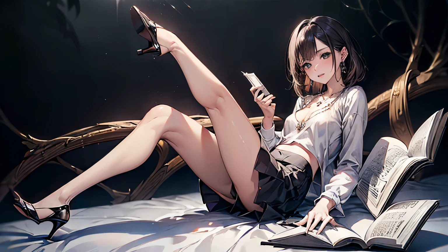 ((Biologically correct limb count))、(( Full-body photo including face))、4K、masterpiece、((Focus on the face))、((Symmetrical facial features))、Eye for detailed depiction、Beautiful woman、Excellent style、Beautiful clavicle、Beautiful feet、Beautiful Hands、Slender body、(Small Ass、Thin thighs,Big Breasts)、(High heels)、Detailed depiction of the face、Small earrings、necklace、(shirt、(mini skirt))、Glancing sideways、Great background、Low Angle,Reading a book,Sitting