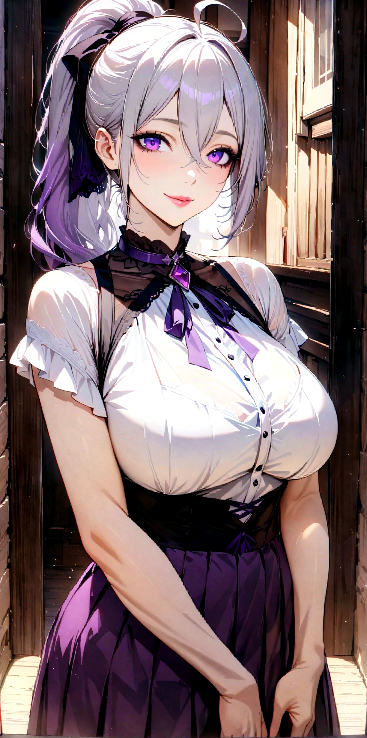 Perfect detail, Special details, highest quality, High Which, 1 Female, View Viewer, Are standing, 31-year-old female, Silver Hair, Long ponytail, Hair covering the right ear, Hair Intake, Short Ahoge, Side bang, Hair between the eyes, White blouse, Blouse with collar, Purple pleated skirt, Purple neck ribbon, amethyst, Deep purple eyes, Big eyes, Mature Body, Perfect body, Lips parted, Black eyeshadow, A light smile, High detail, Depth of written boundary, 1080p, 16k, Awards, High resolution, highest quality, masterpiece, 超High resolution, Anatomically correct, Super detailed,