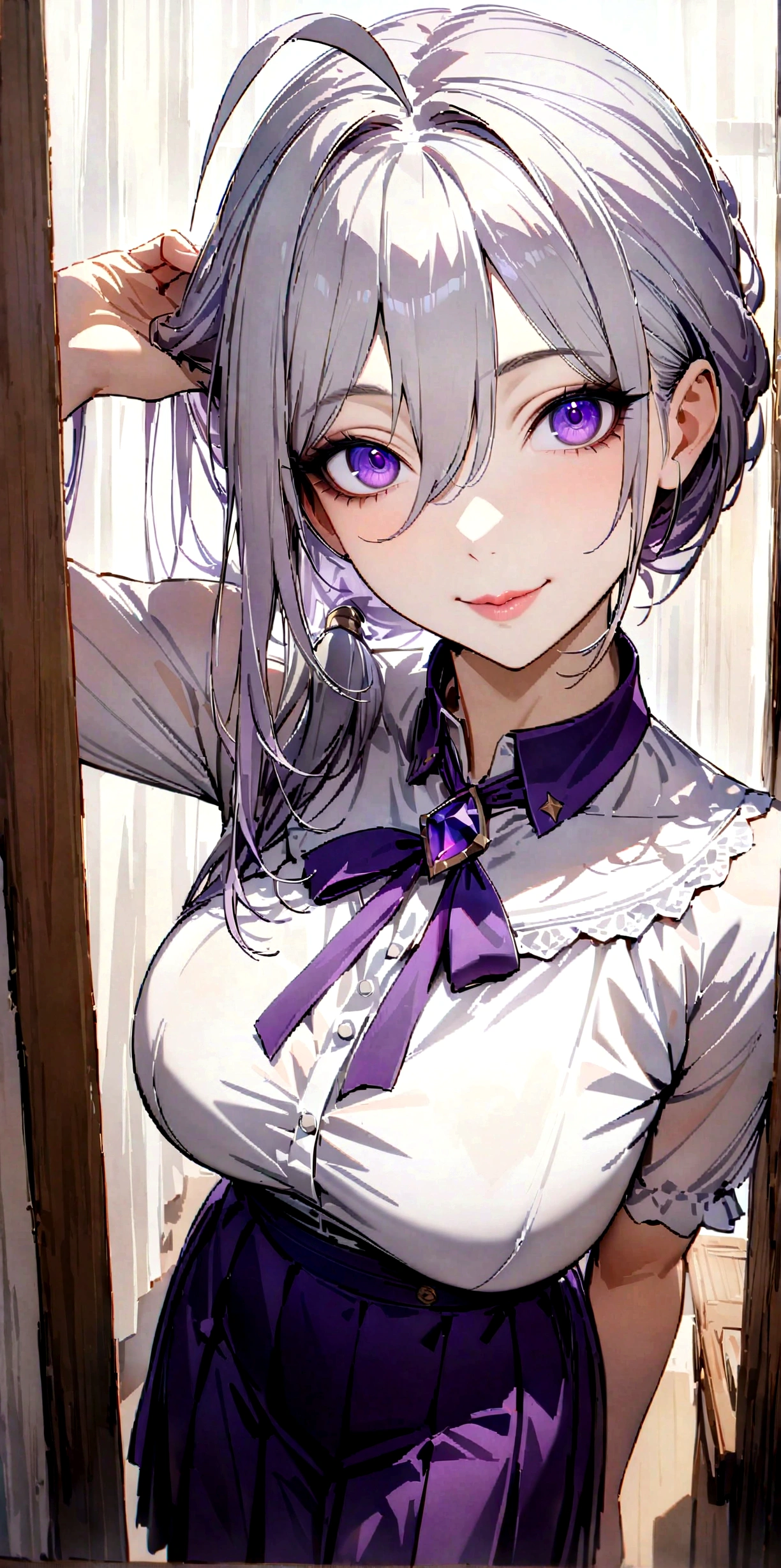 Perfect detail, Special details, highest quality, High Which, 1 Female, View Viewer, Are standing, 31-year-old female, Silver Hair, Long ponytail, Hair covering the right ear, Hair Intake, Short Ahoge, Side bang, Hair between the eyes, White blouse, Blouse with collar, Purple pleated skirt, Purple neck ribbon, amethyst, Deep purple eyes, Big eyes, Mature Body, Perfect body, Lips parted, Black eyeshadow, A light smile, High detail, Depth of written boundary, 1080p, 16k, Awards, High resolution, highest quality, masterpiece, 超High resolution, Anatomically correct, Super detailed,